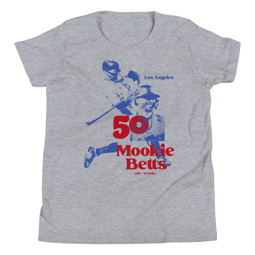 Gray youth T-shirt featuring a blue and red vintage-style graphic of Mookie Betts, celebrating 50 years, with "Los Angeles" text.