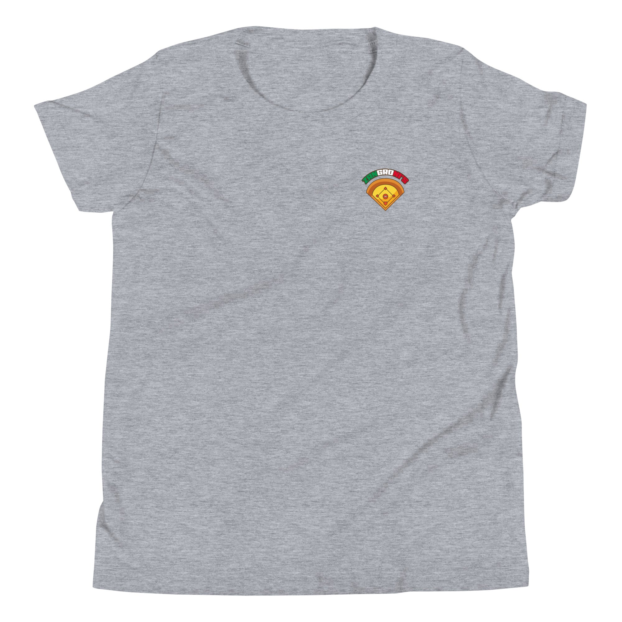 Gray youth T-shirt featuring a small colorful "We Got Slice" pizza logo on the upper left chest area.