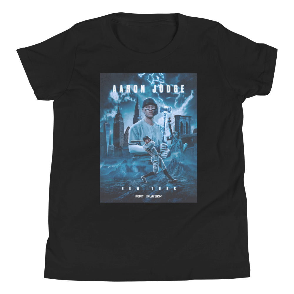 Youth T-shirt featuring a graphic of Aaron Judge with New York City skyline, lightning, and baseball imagery, celebrating the Yankees star.