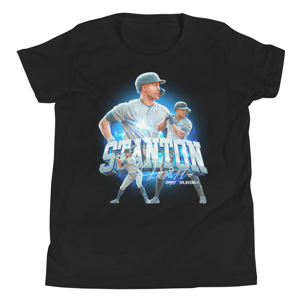 Black youth t-shirt featuring a graphic design of a baseball player with multiple action poses and the text "Stanton 27" in a stylized blue font.