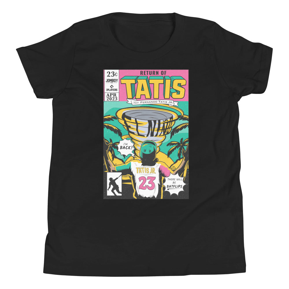 Black youth t-shirt featuring a colorful comic book cover design titled "Return of Tatís" with illustrations of palm trees, a trophy, and the player Fernando Tatís Jr., marked as issue 23, price 23 cents, and dated April