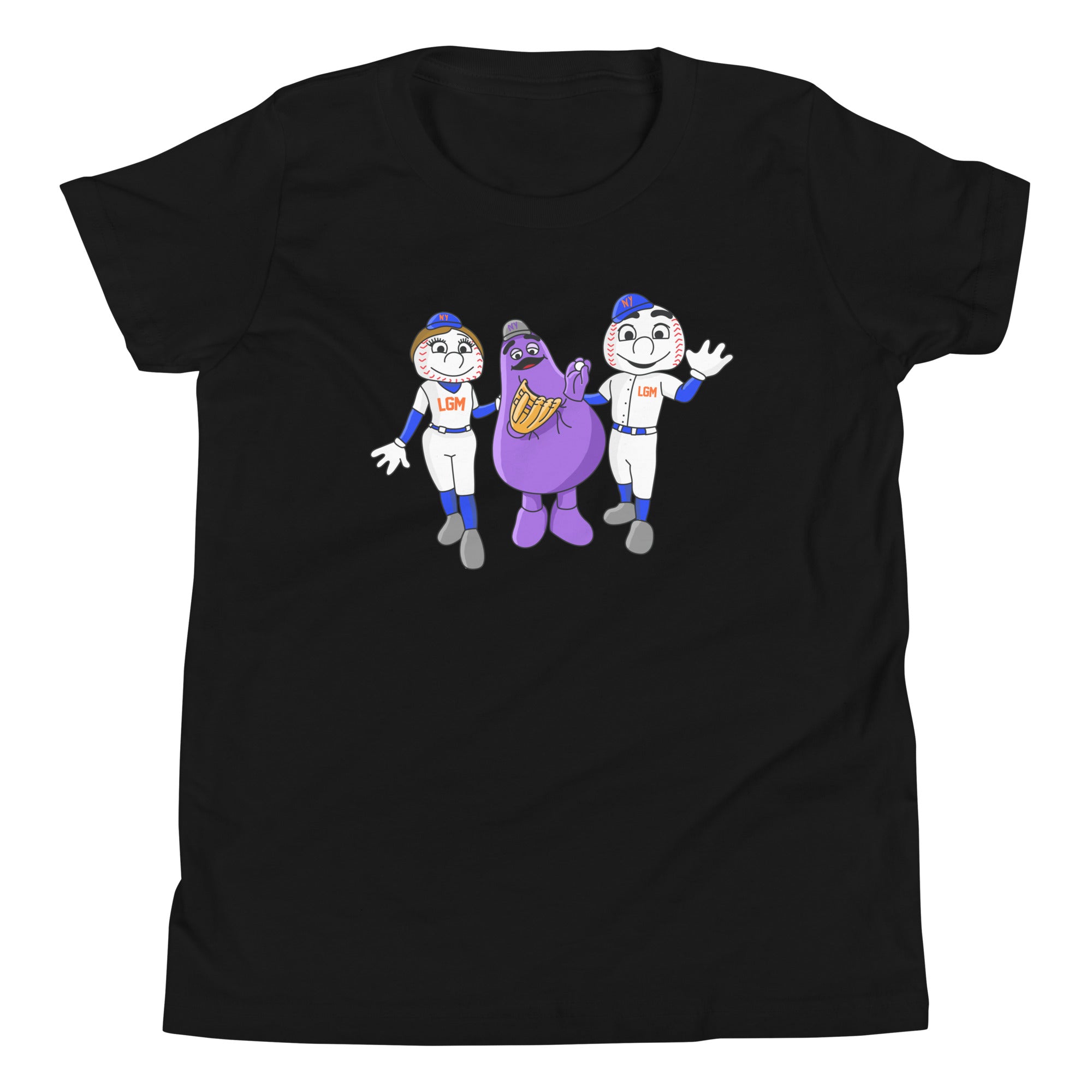 Black youth T-shirt featuring cartoon characters of two baseball players and a purple mascot with a glove, all smiling and waving.