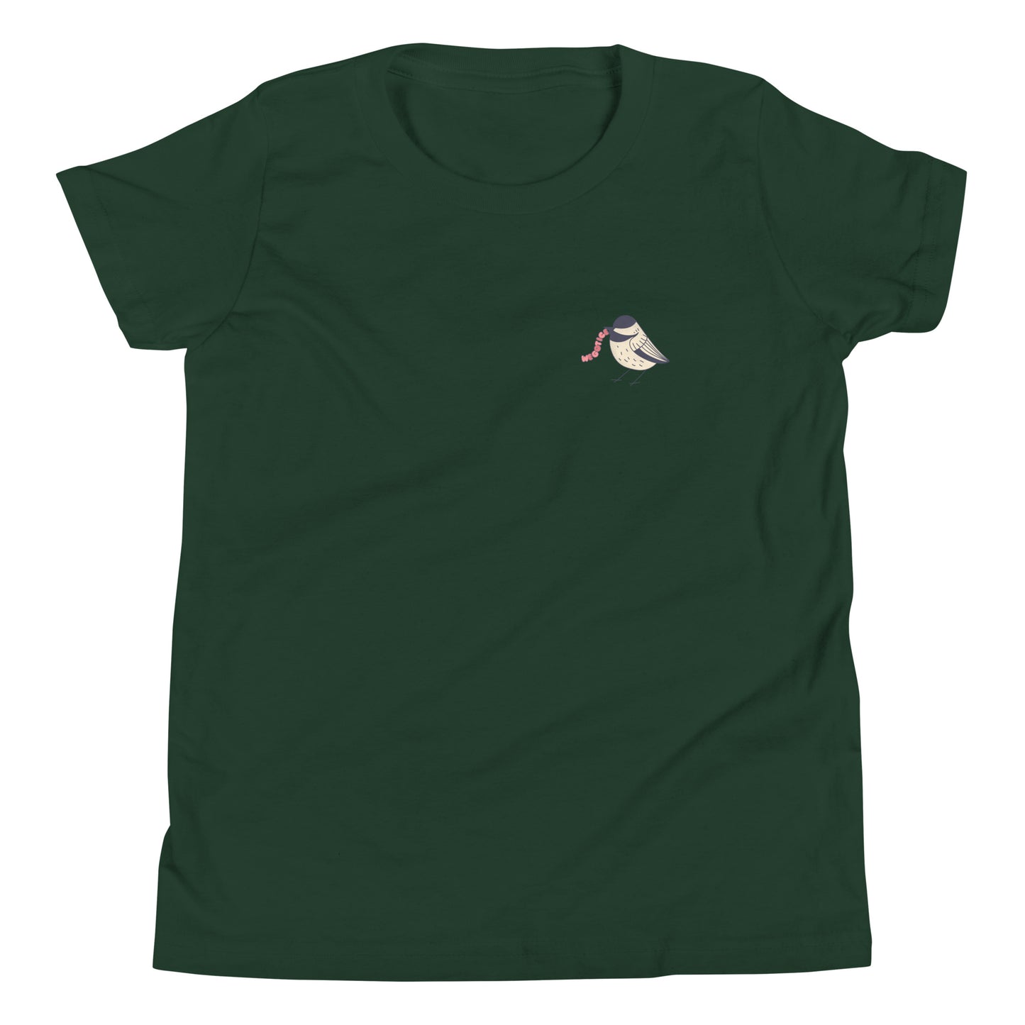 Green youth T-shirt featuring a small, stylized bird with the text "WORMS" and "ICE" on the front.