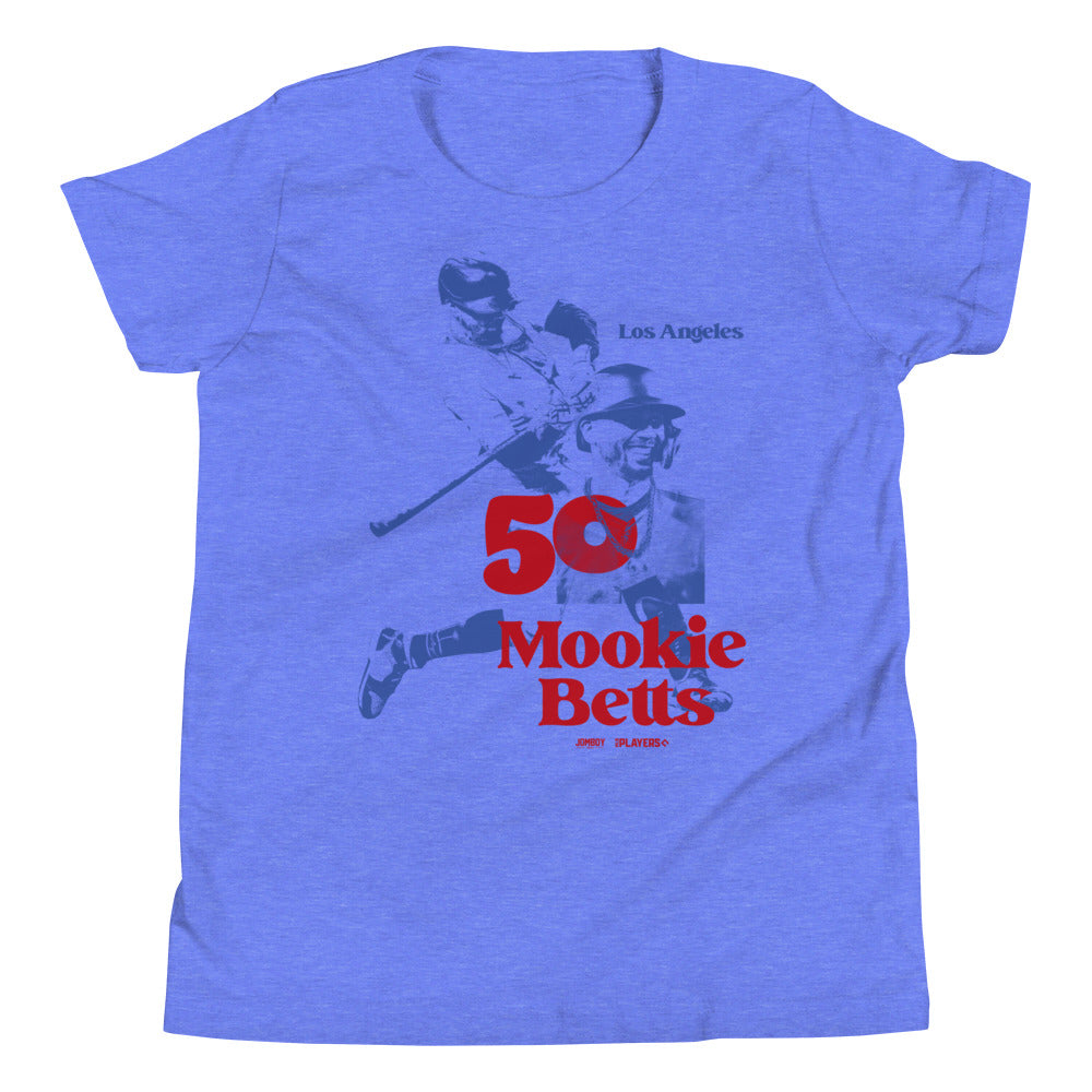 Blue youth T-shirt featuring a retro Los Angeles print with a golfer and the text "50 Mookie Betts" in red.