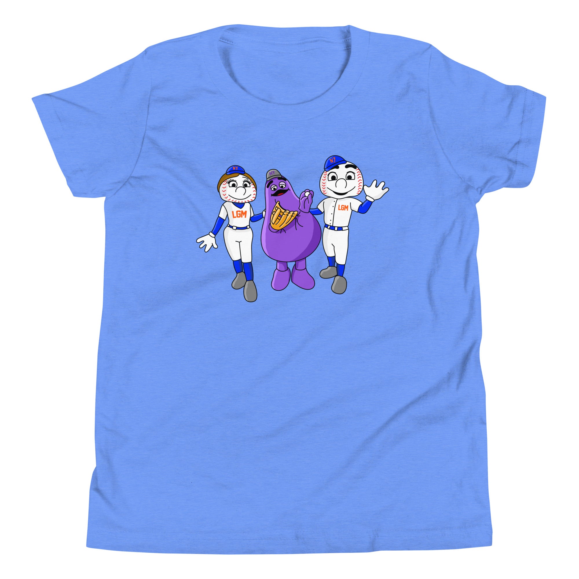 Light blue youth T-shirt featuring cartoon characters of two baseball players and a purple mascot, all smiling and waving.