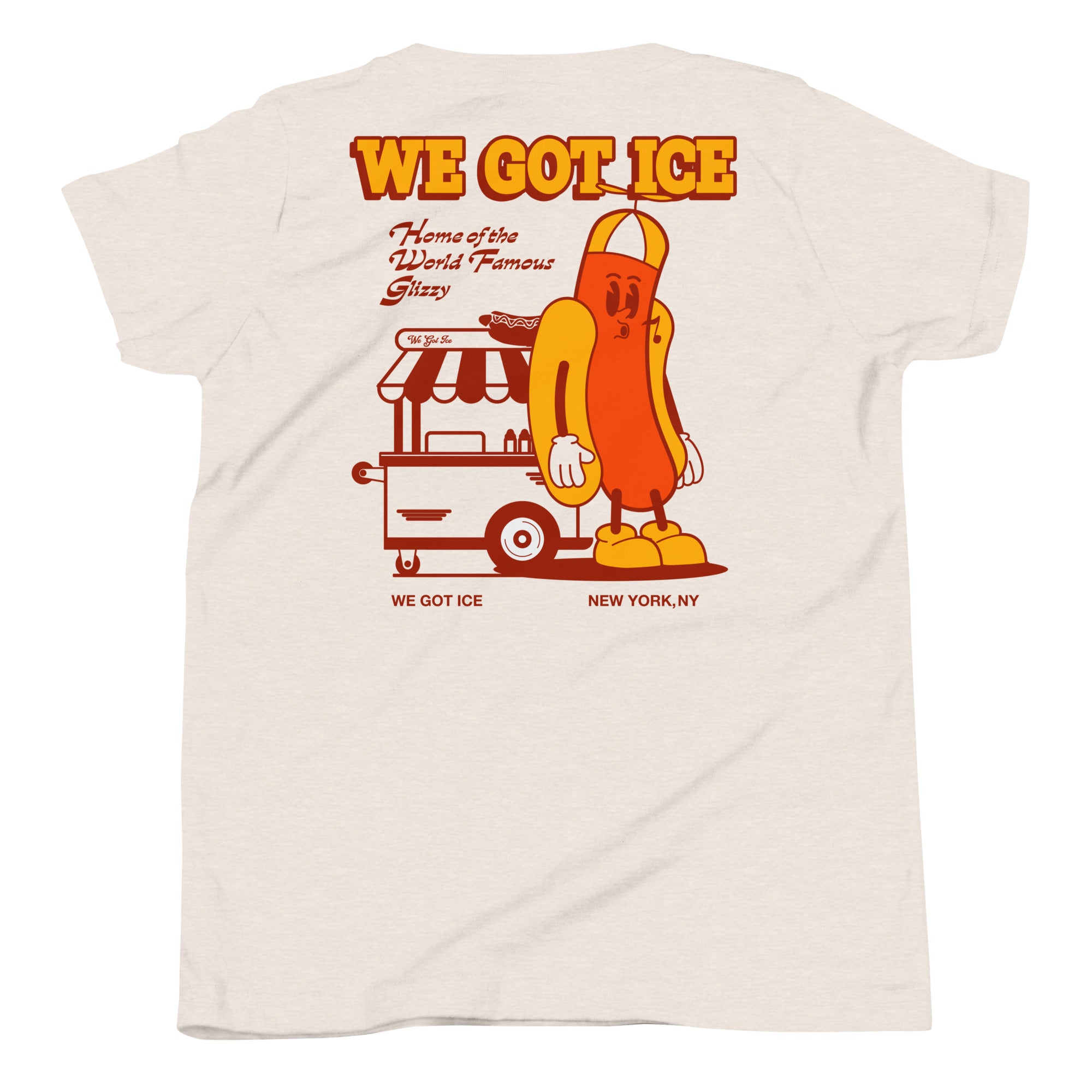 Youth t-shirt featuring a cartoon hot dog character with sunglasses, standing next to an ice cream cart, with "We Got Ice" text and NYC location.