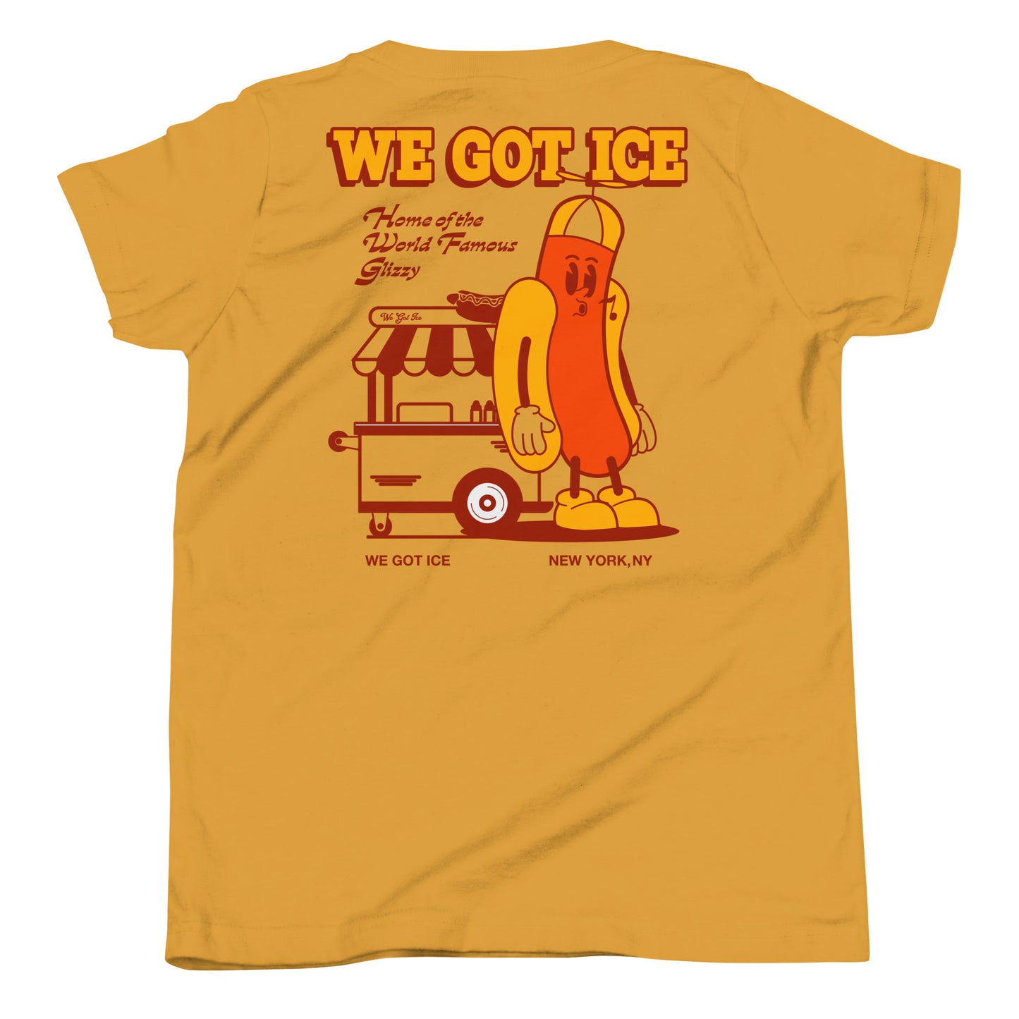 Yellow youth t-shirt featuring a cartoon hot dog character with sunglasses, standing next to a hot dog stand, with "We Got Ice" text.