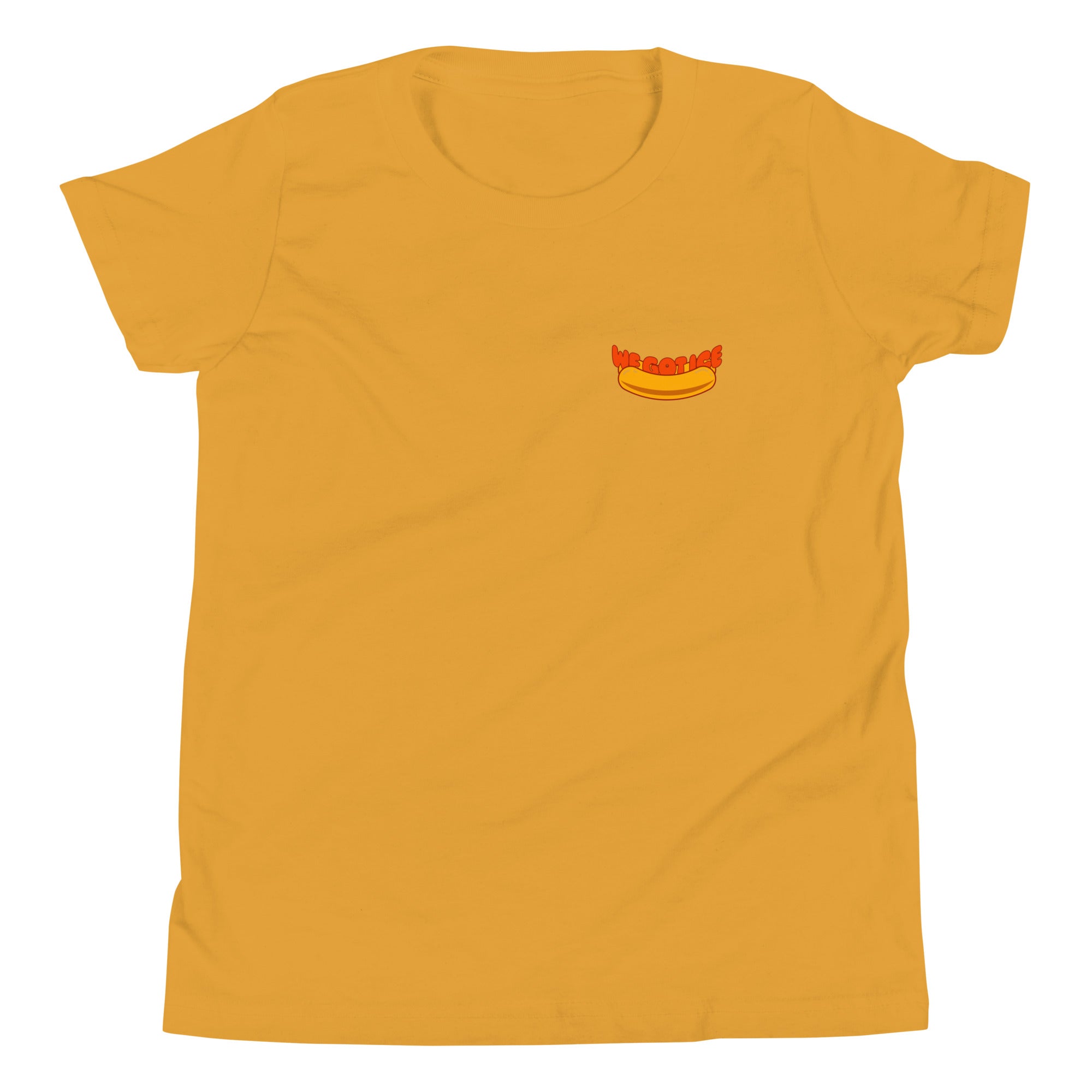 Yellow youth t-shirt featuring a small graphic of a hot dog with the text "We Got Ice" above it on the left chest area.