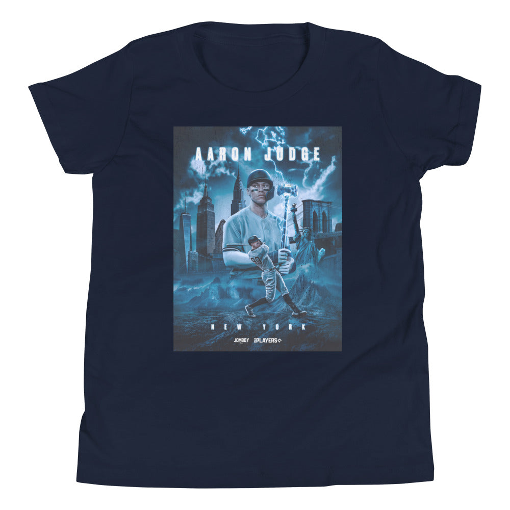 Youth T-shirt featuring Aaron Judge with a cityscape background, lightning, and baseball imagery, labeled "King of NYC.