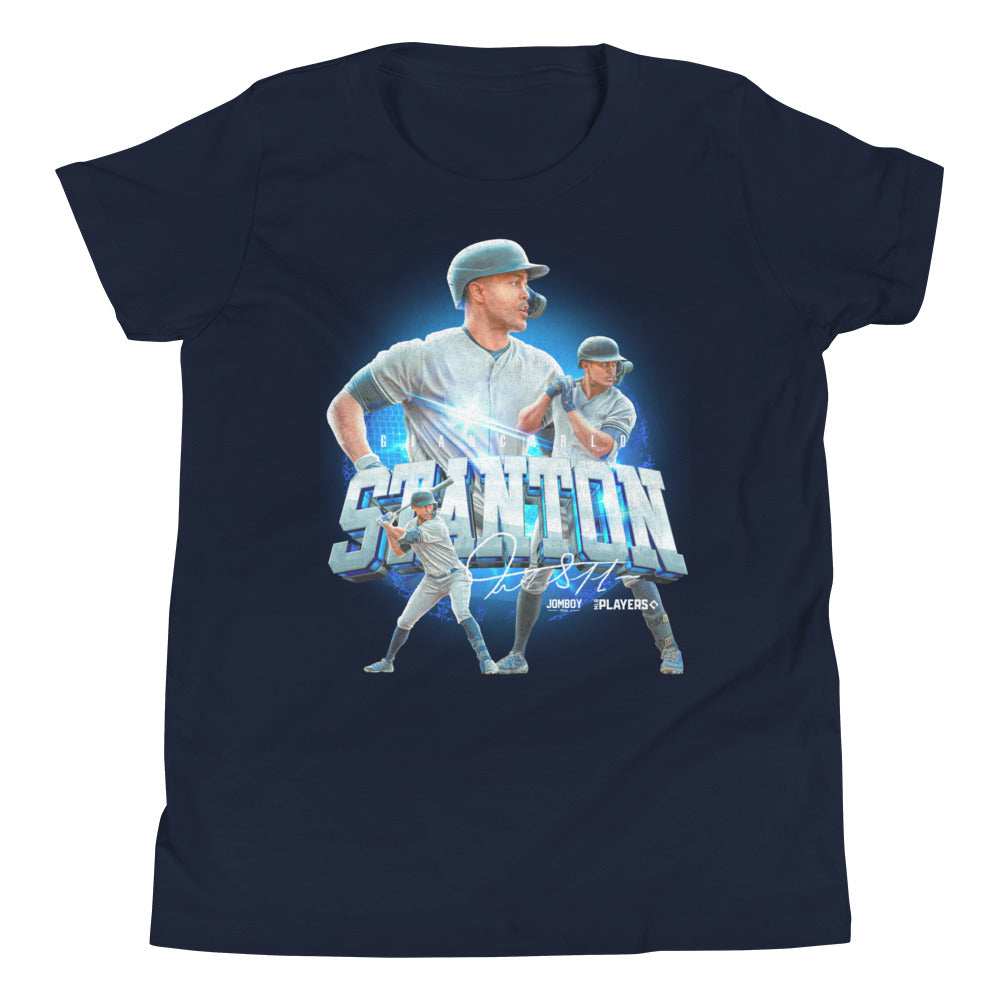 Navy blue youth t-shirt featuring a dynamic graphic of a baseball player in various action poses with a stylized text "Stanton 27" overlaid in a light blue graphic design.