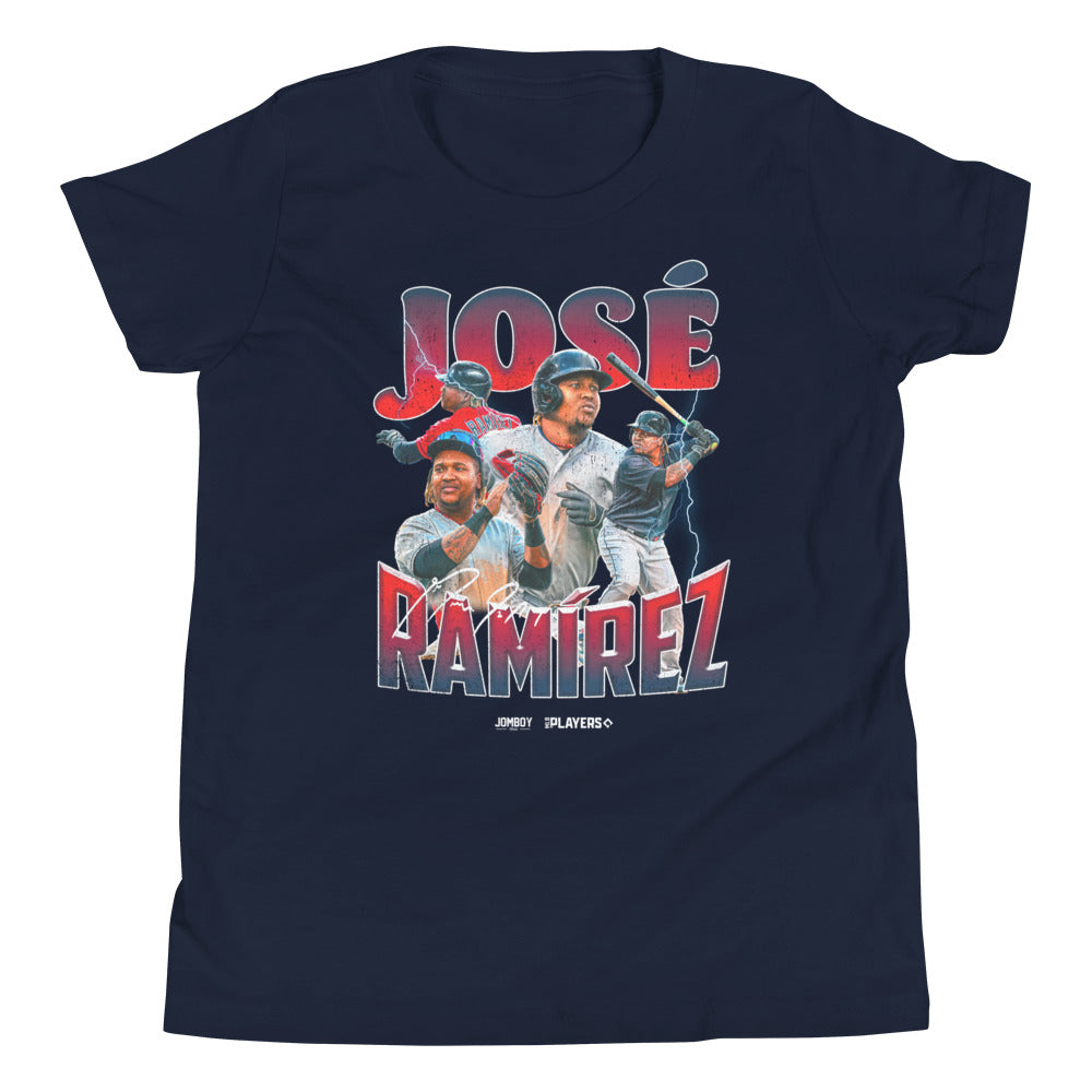 Youth navy T-shirt featuring José Ramírez's signature series with images of him playing baseball and bold "José Ramírez" text.