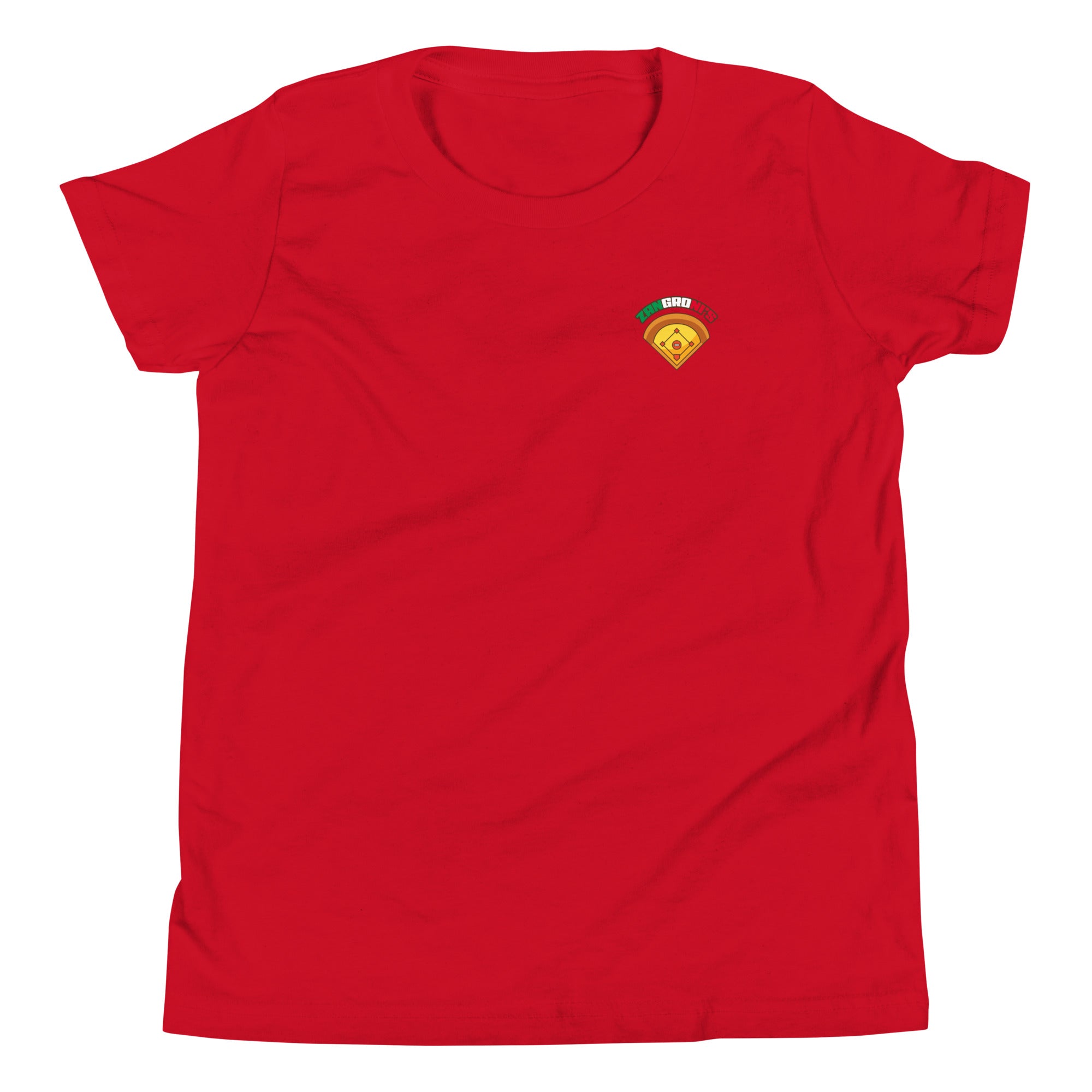 Red youth T-shirt featuring a small colorful "We Got Slice" baseball diamond logo on the upper left chest.