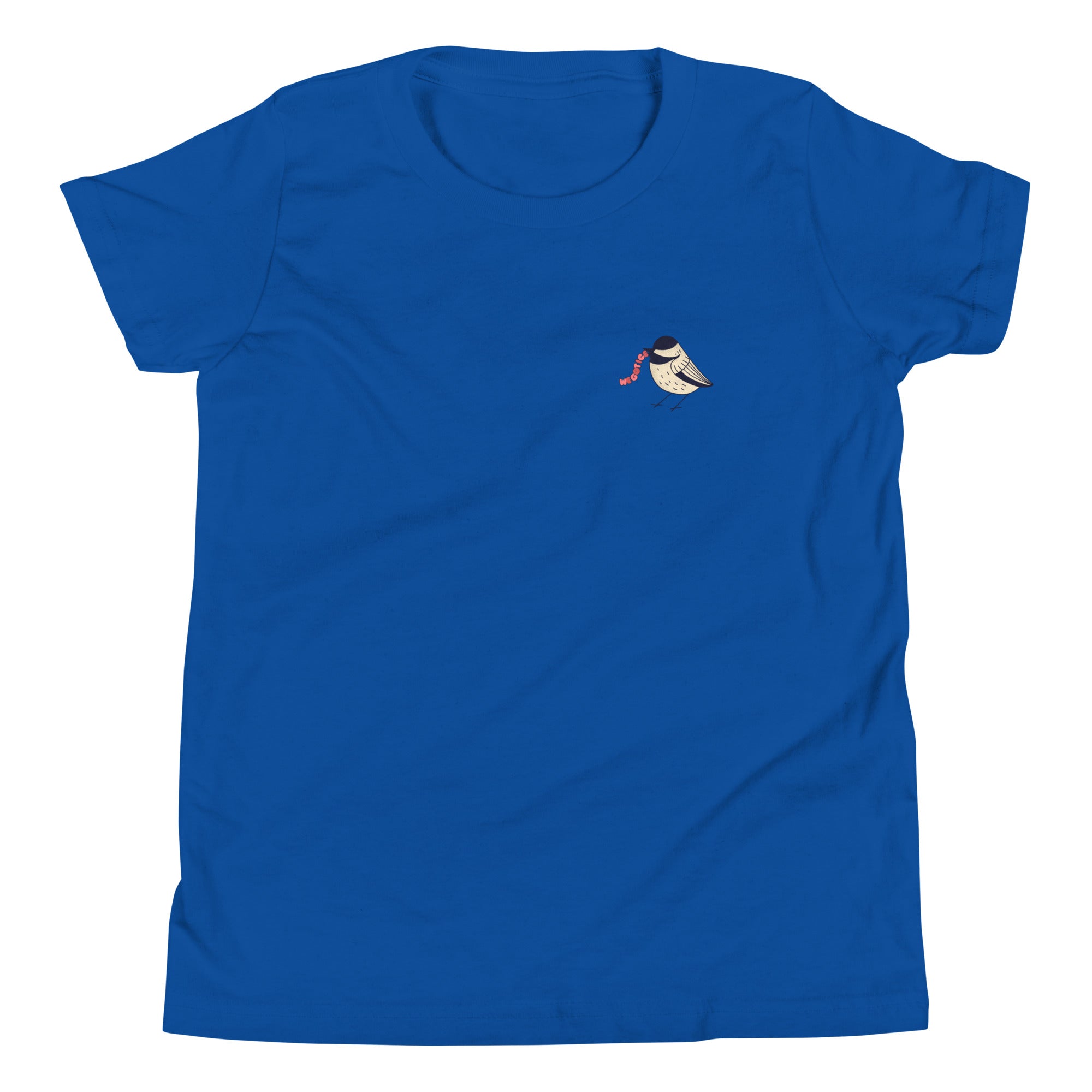 Blue youth T-shirt featuring a small bird illustration with the text "WORMS" on its head, and "WE GOT ICE" branding.