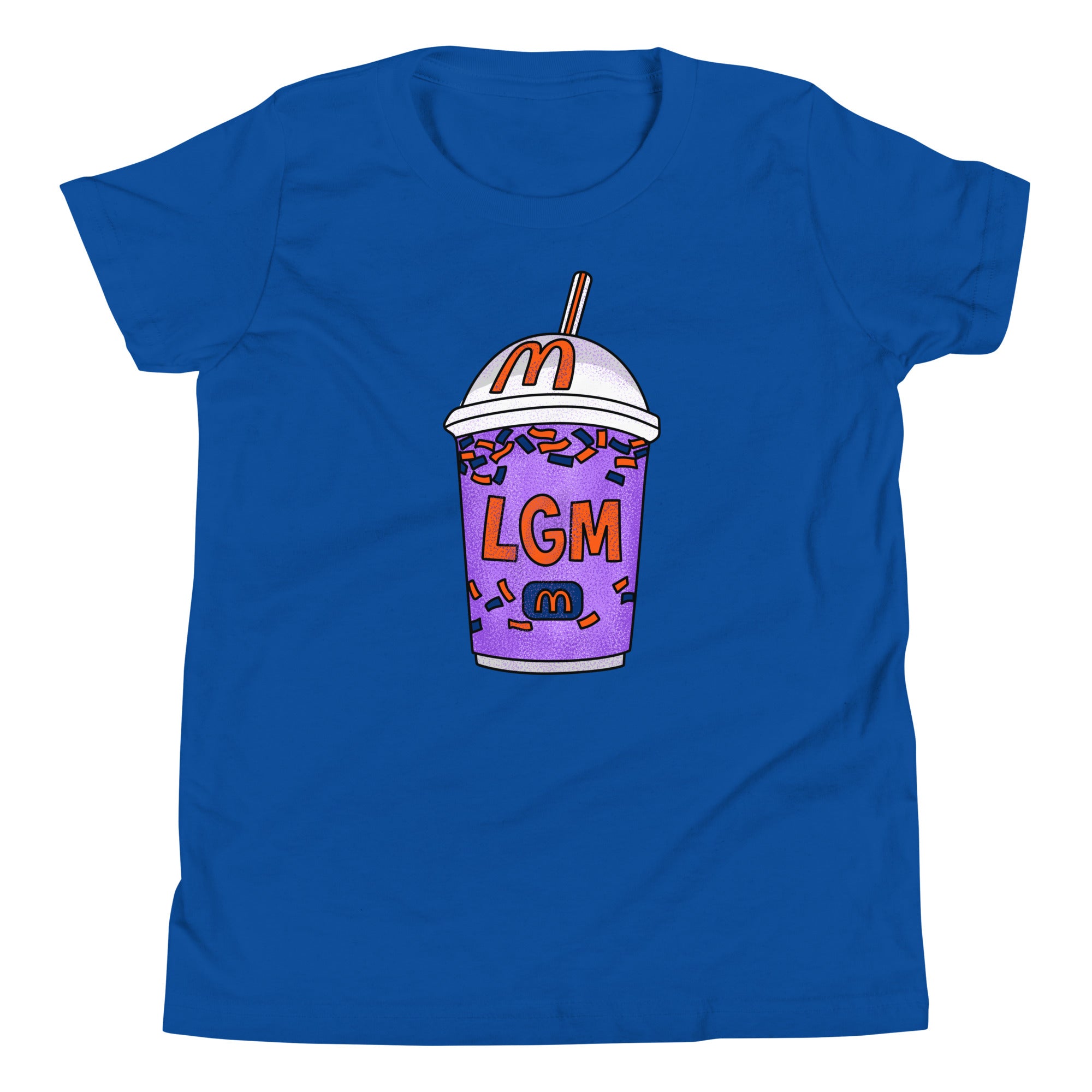 Blue youth T-shirt featuring a colorful graphic of a purple milkshake cup with sprinkles, a straw, and "LGM" text.