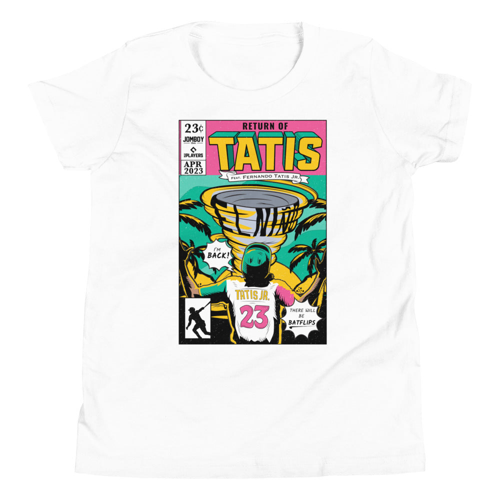 White youth t-shirt featuring a colorful comic book style print with the title "Return of Tatís" and a graphic of Fernando Tatis Jr., depicted in a tropical setting with a trophy, palm trees, and the text "I'm Back!" and