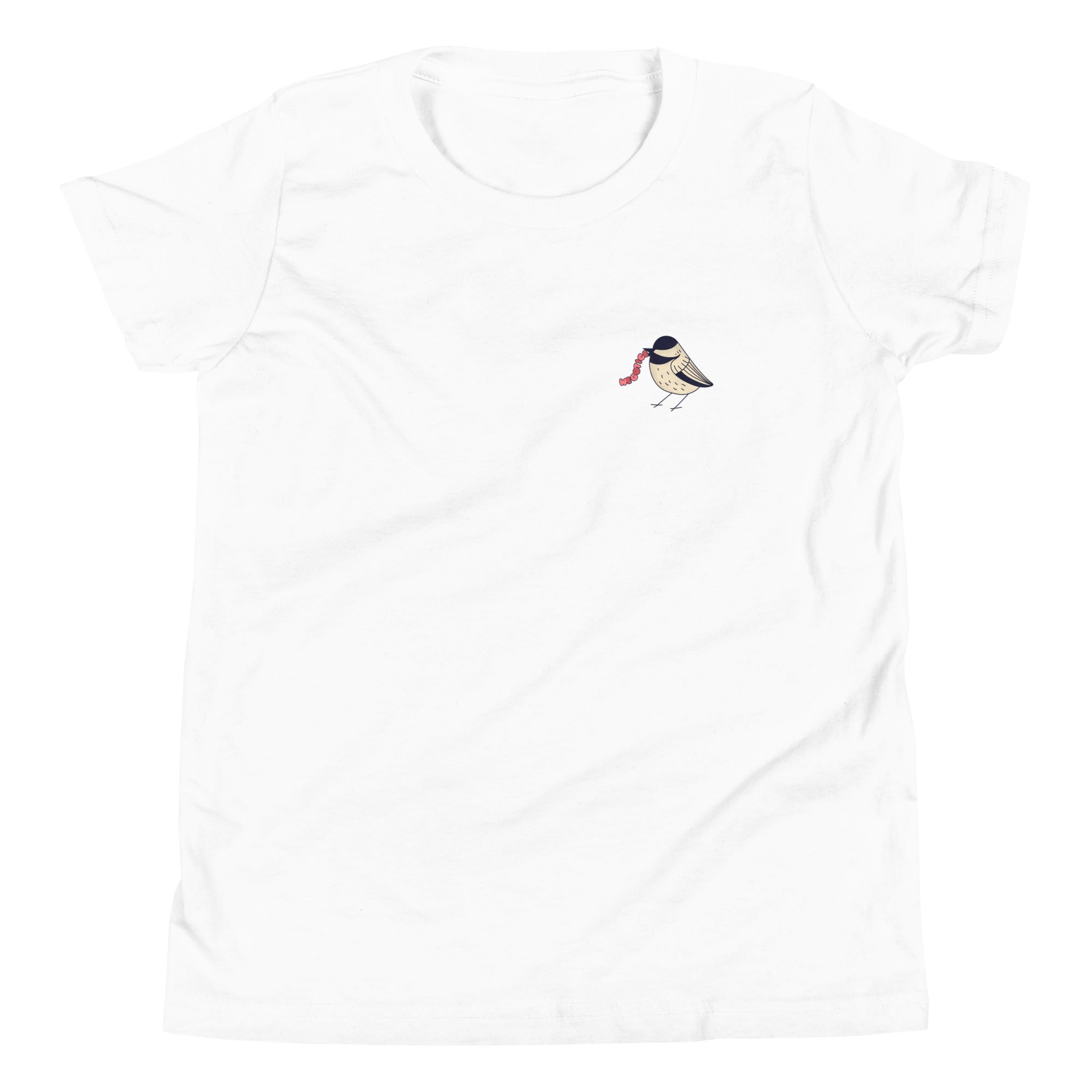 White youth T-shirt featuring a small bird with a pink hair tie on the left chest area, from the BIRDS & WORMS | WE GOT ICE collection.