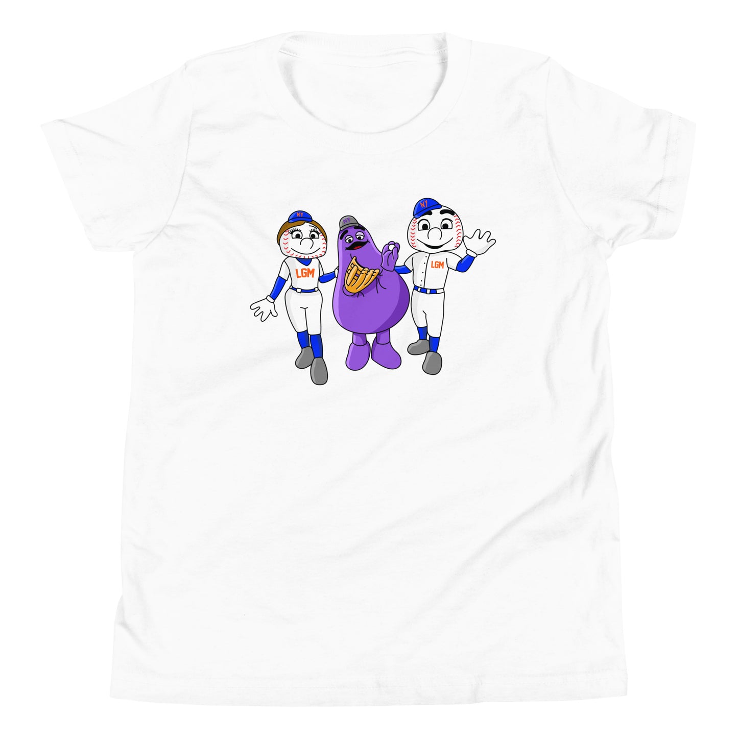 White youth T-shirt featuring cartoon characters of two baseball players and a purple mascot with "NYM AND FRIENDS" theme.