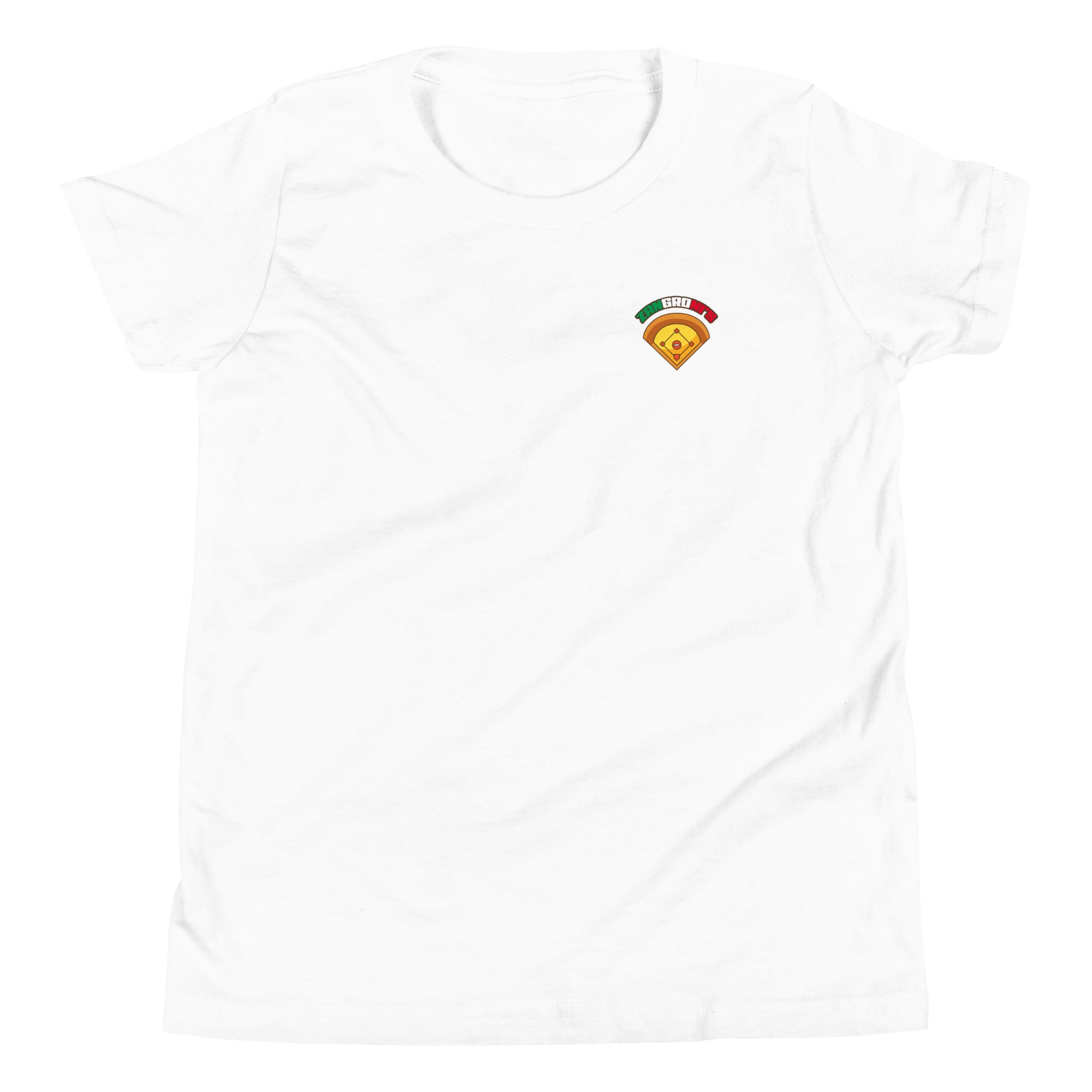 White youth T-shirt with a small colorful "We Got Slice" pizza-themed logo on the upper left chest.