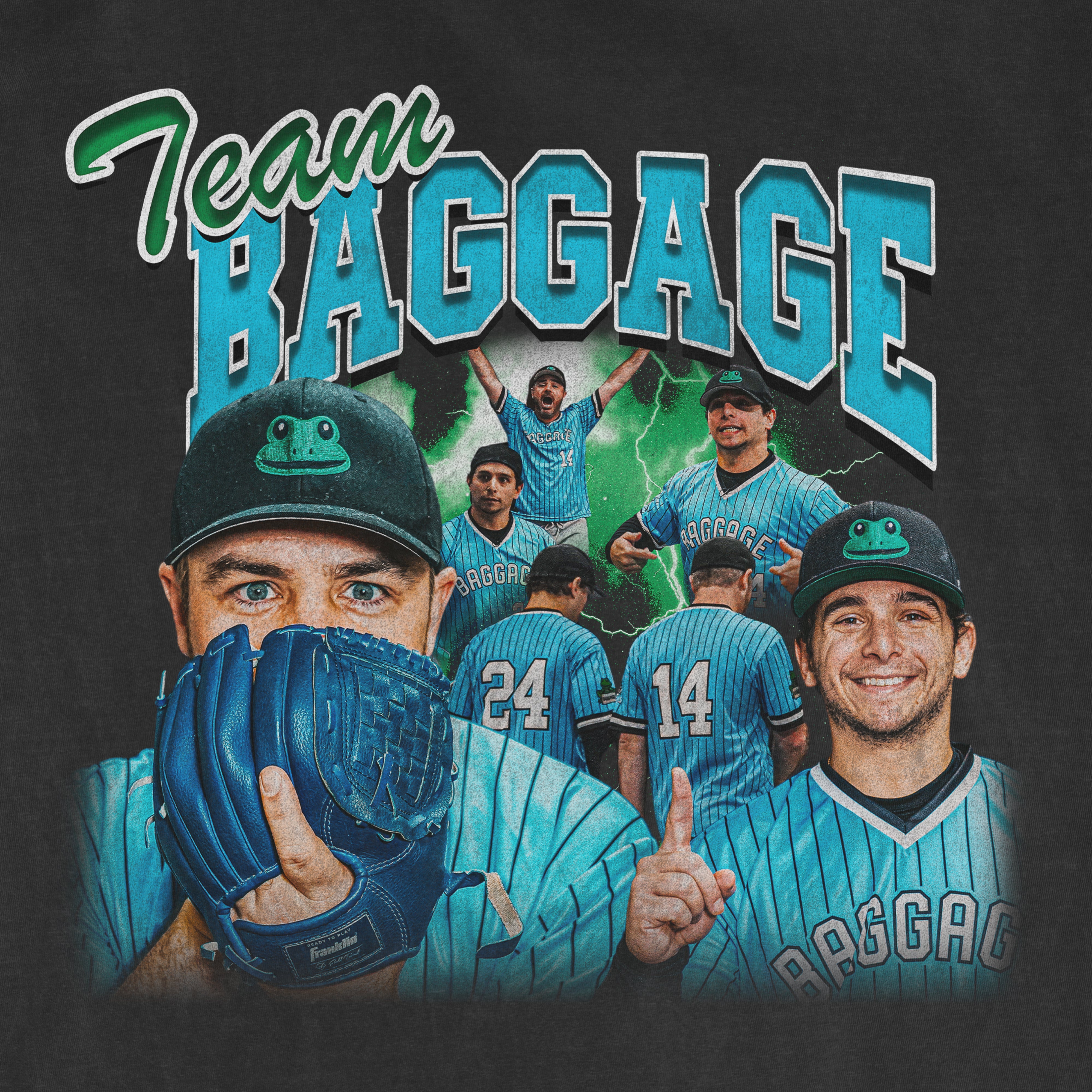 Colorful graphic of a 90s team Baggage baseball shirt featuring players in striped uniforms, caps, and lightning background.