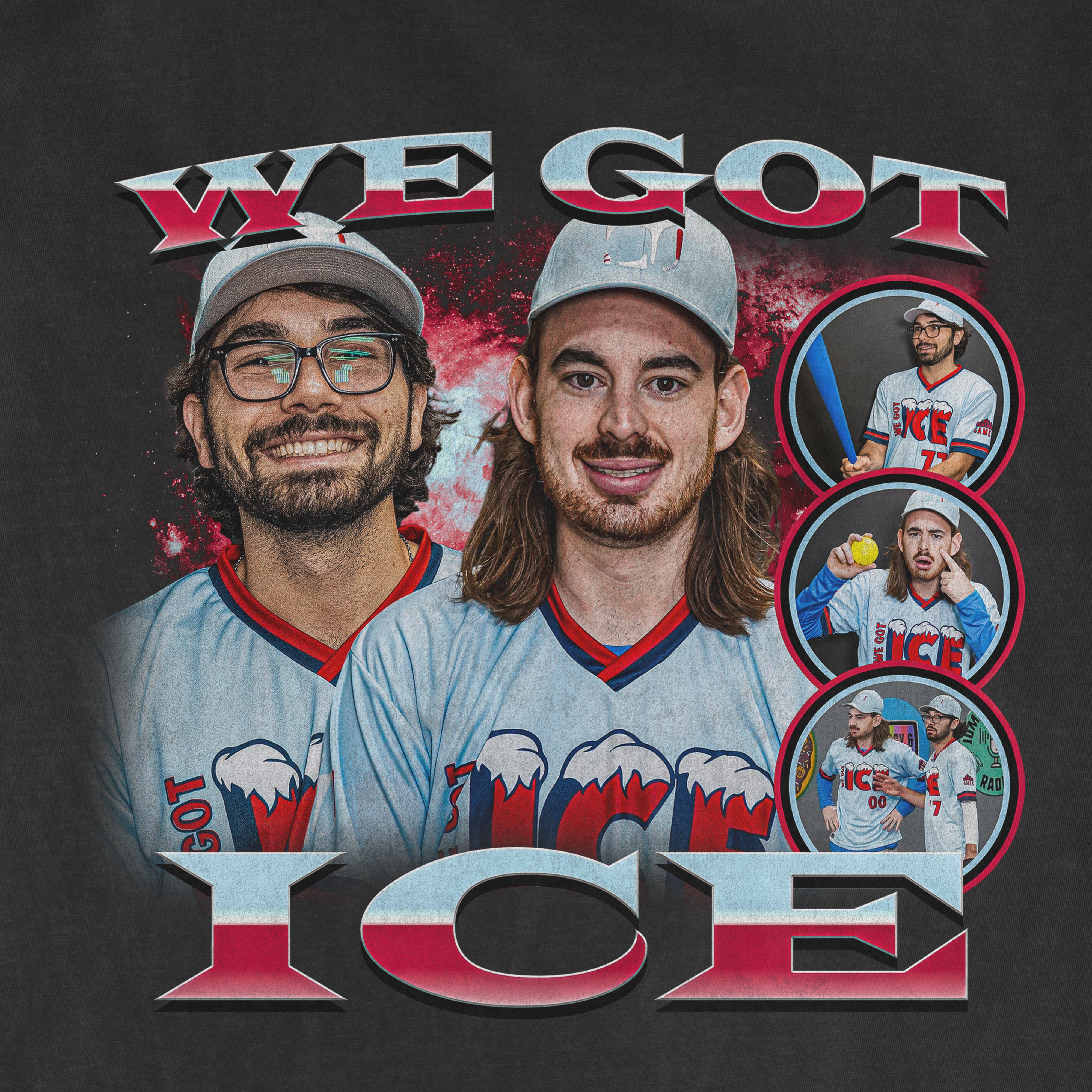 Close-up of a black T-shirt featuring a 90s-inspired design with three men in ice hockey jerseys, bold text, and circular inset photos.