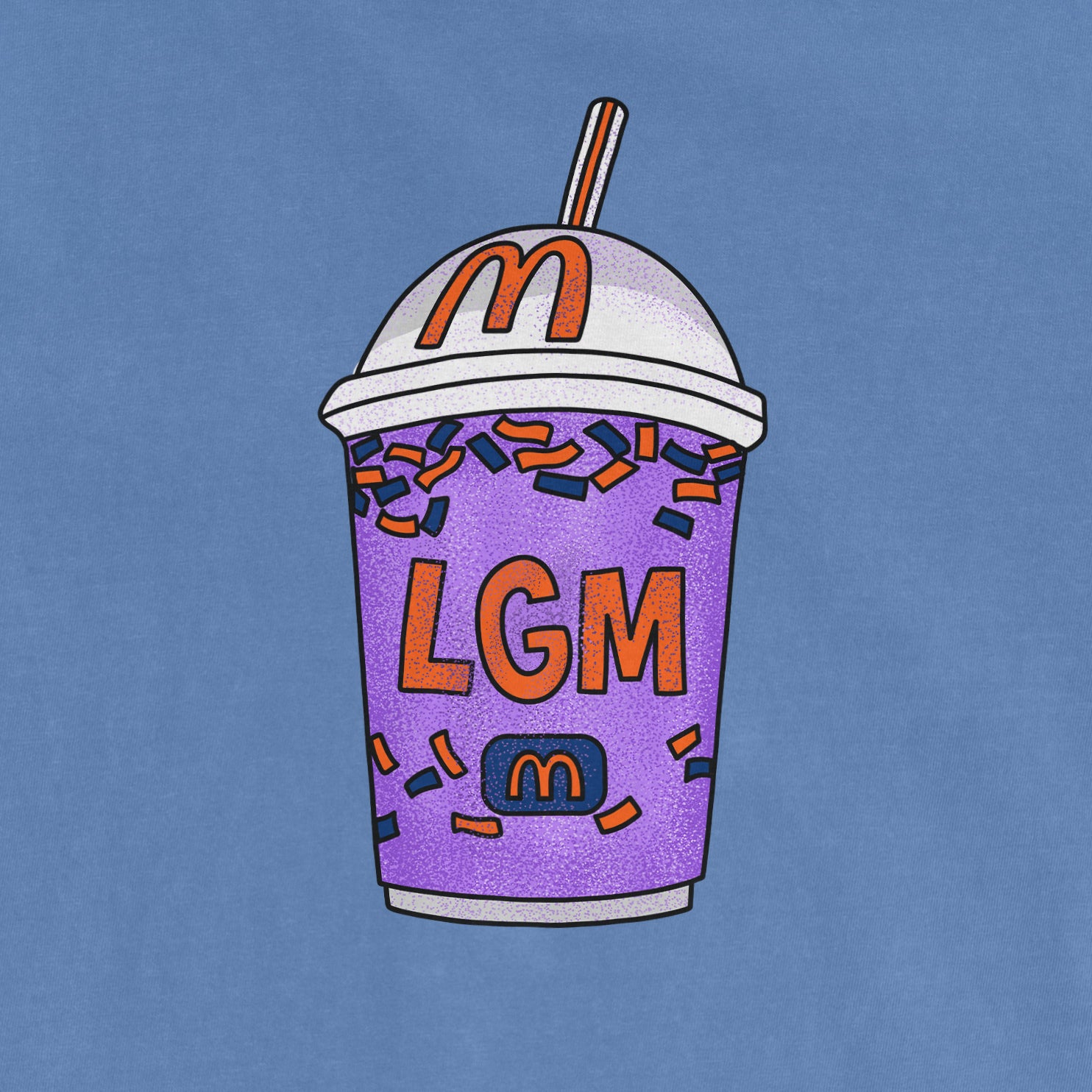 Colorful illustration of a purple milkshake cup with sprinkles, a white lid, a straw, and "LGM" and "m" logos on a blue background.