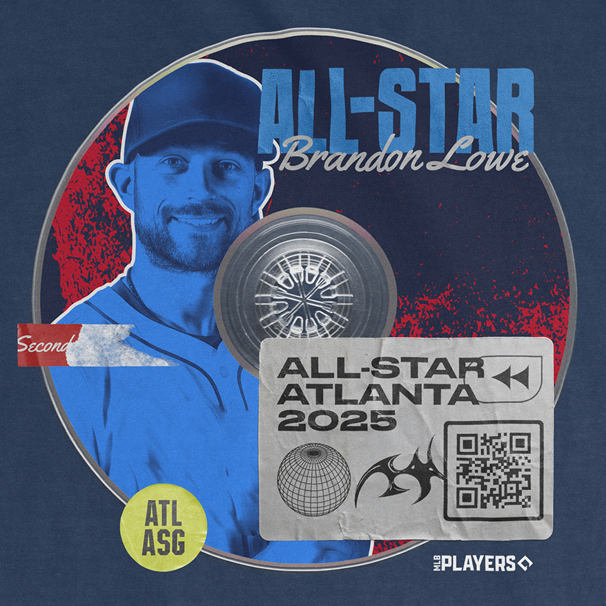 Brandon Lowe All-Star 2025 graphic featuring a CD design with event details and a photo of the player.