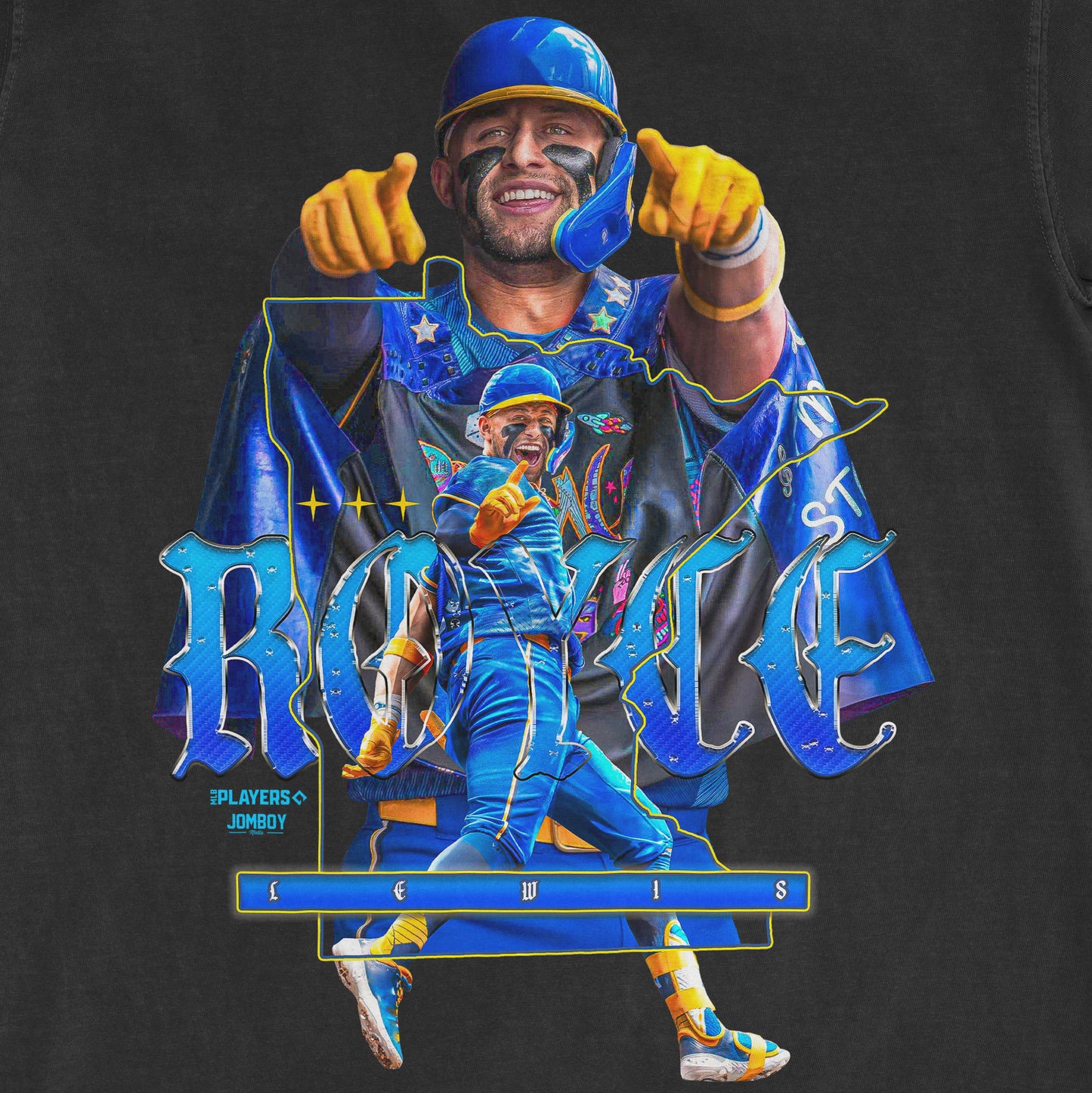 Colorful graphic of baseball player Royce Lewis in a blue uniform and helmet, with "ROYCE" text and dynamic design elements.