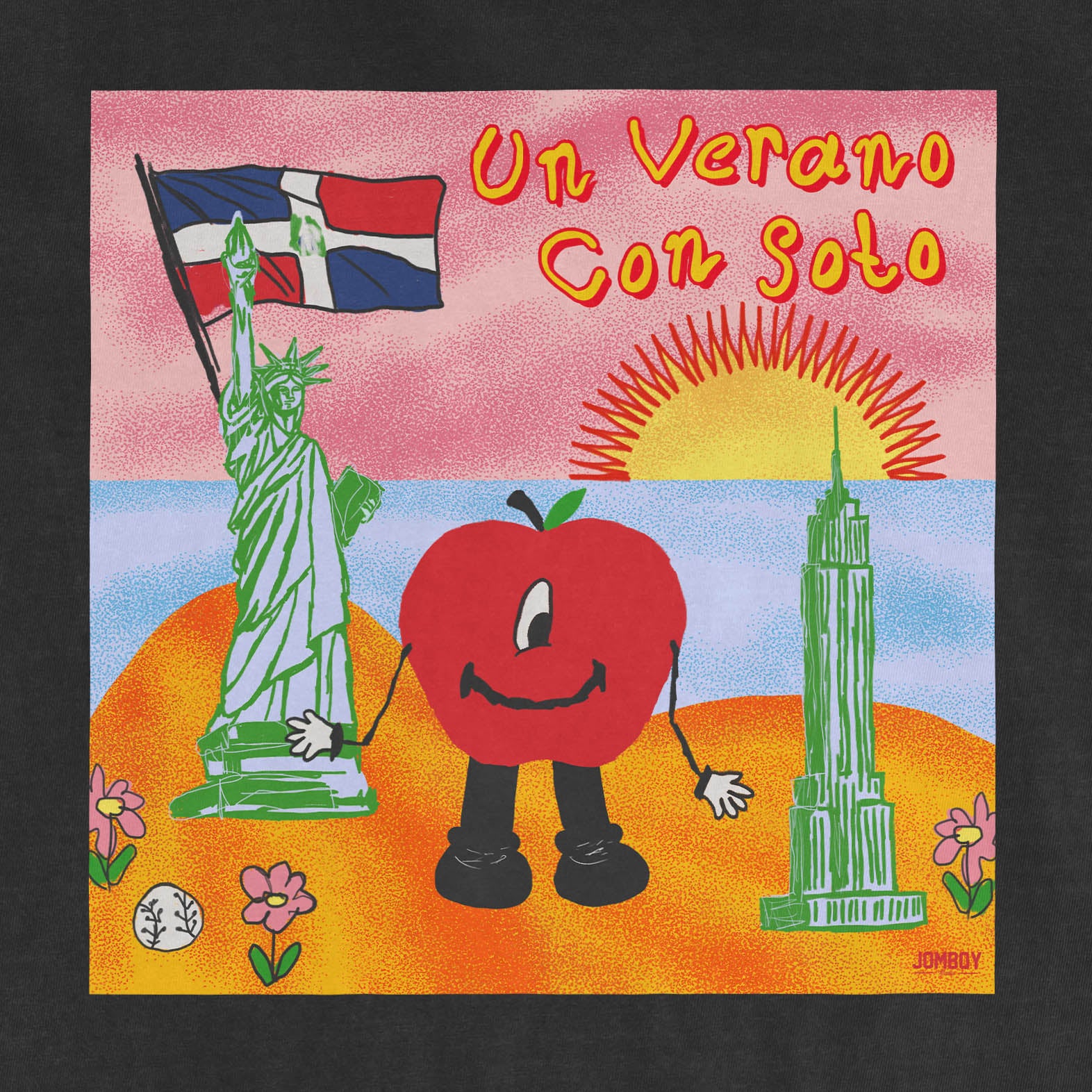 Colorful illustration of a smiling apple character with arms and legs, standing between the Statue of Liberty and the Empire State Building at sunset, with a pink sky and flowers.