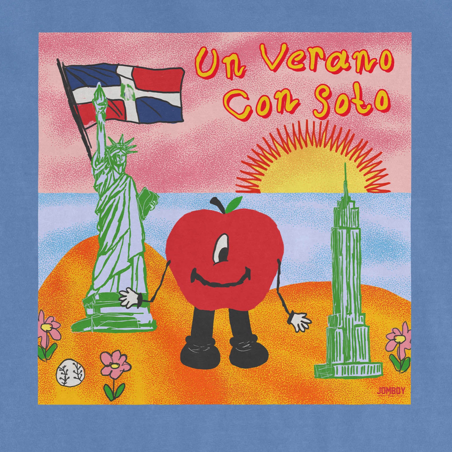 Colorful illustration of a smiling apple character with arms and legs, standing between the Statue of Liberty and a skyscraper at sunset.