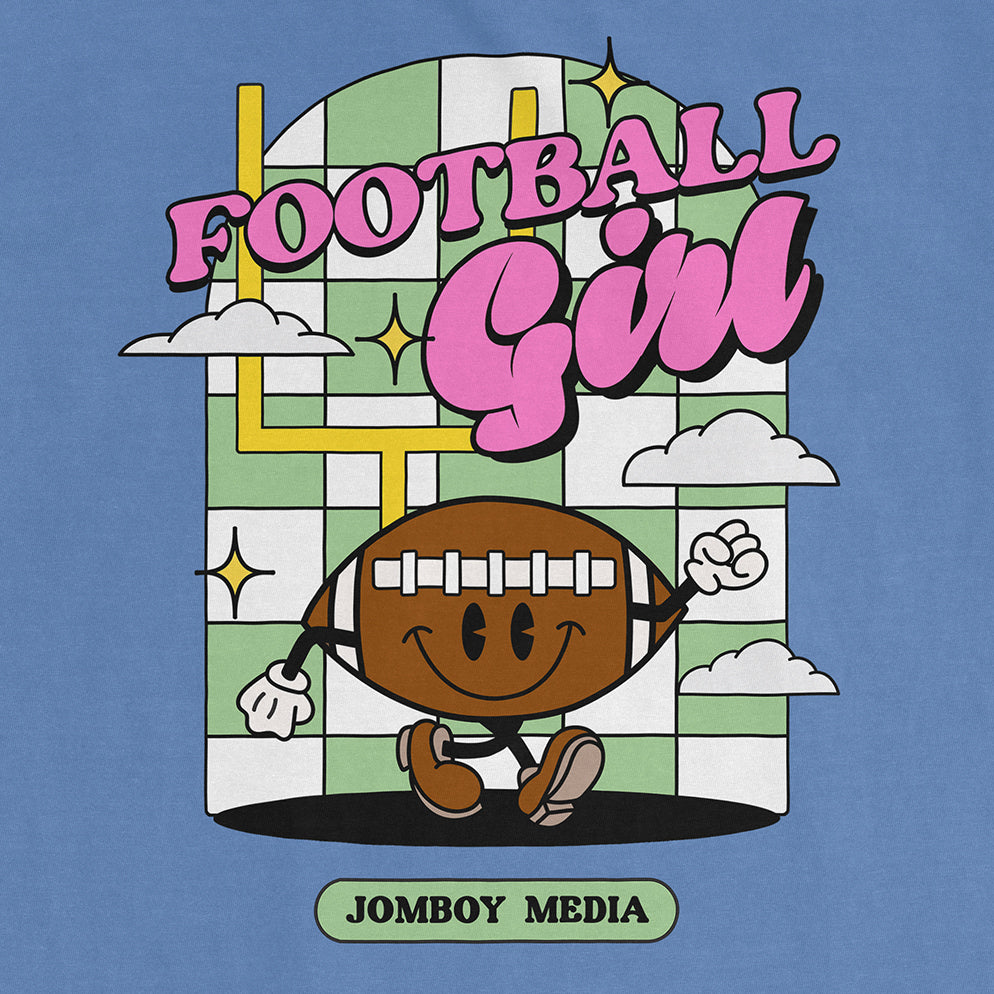 Colorful graphic of a smiling football character with arms and legs, surrounded by clouds and a checkered background, with "Football Girl" text.