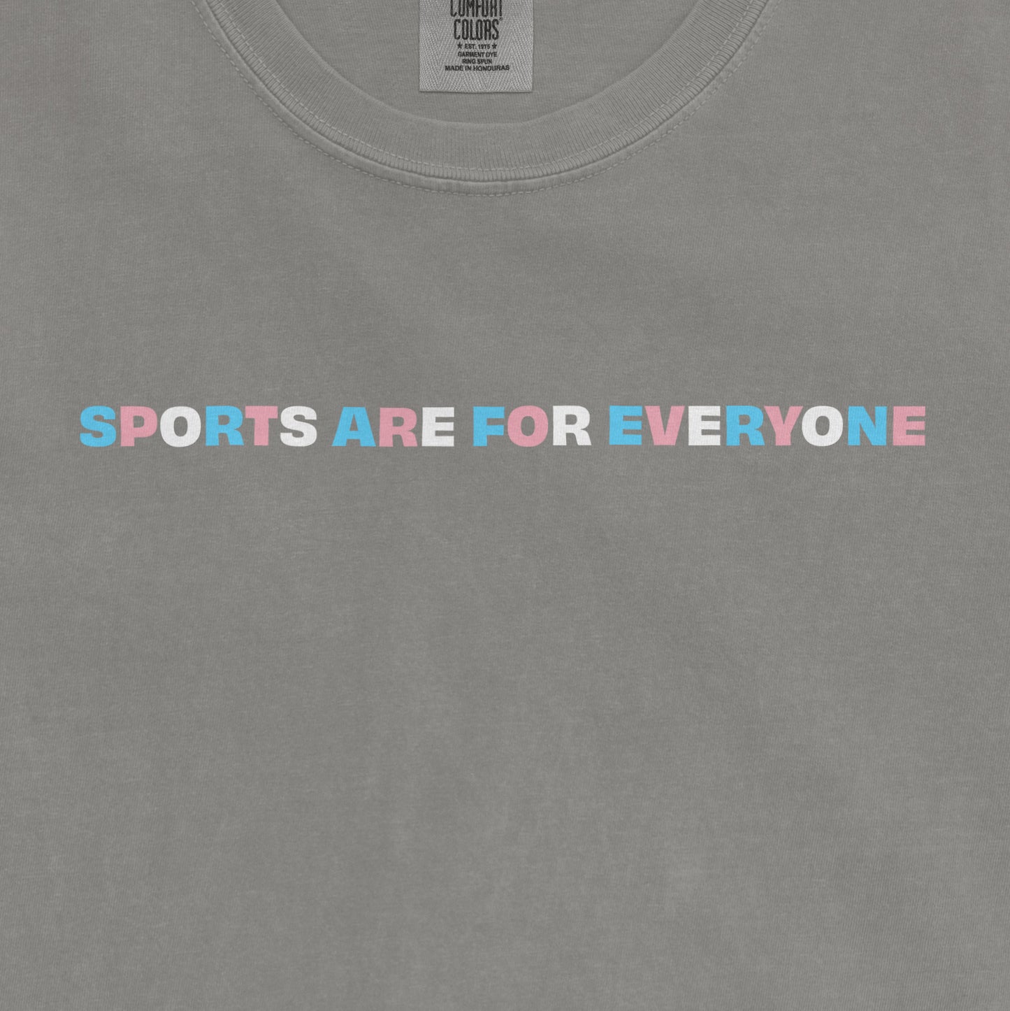 Gray T-shirt with the message "SPORTS ARE FOR EVERYONE" in colorful, bold letters across the chest.