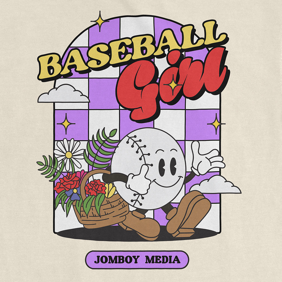 Cartoon baseball with a smiling face, holding a basket of flowers, wearing brown shoes, with "Baseball Girl" text above and "Jomboy Media" below.
