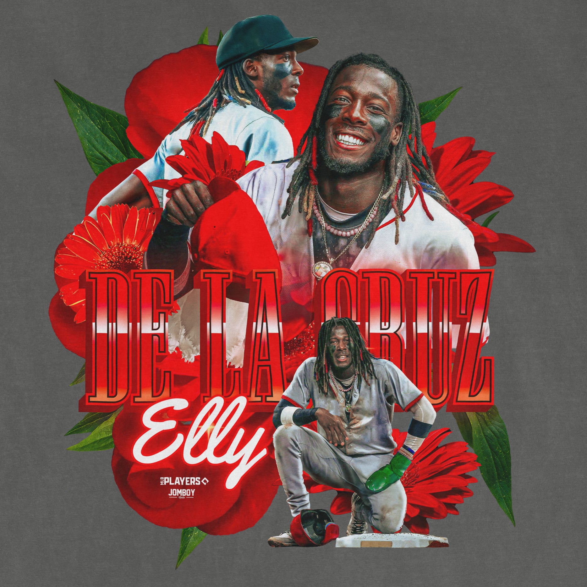 Graphic of rapper Lil Yachty wearing a baseball uniform, surrounded by red flowers and bold text reading "De La Gbz" and "Elly.
