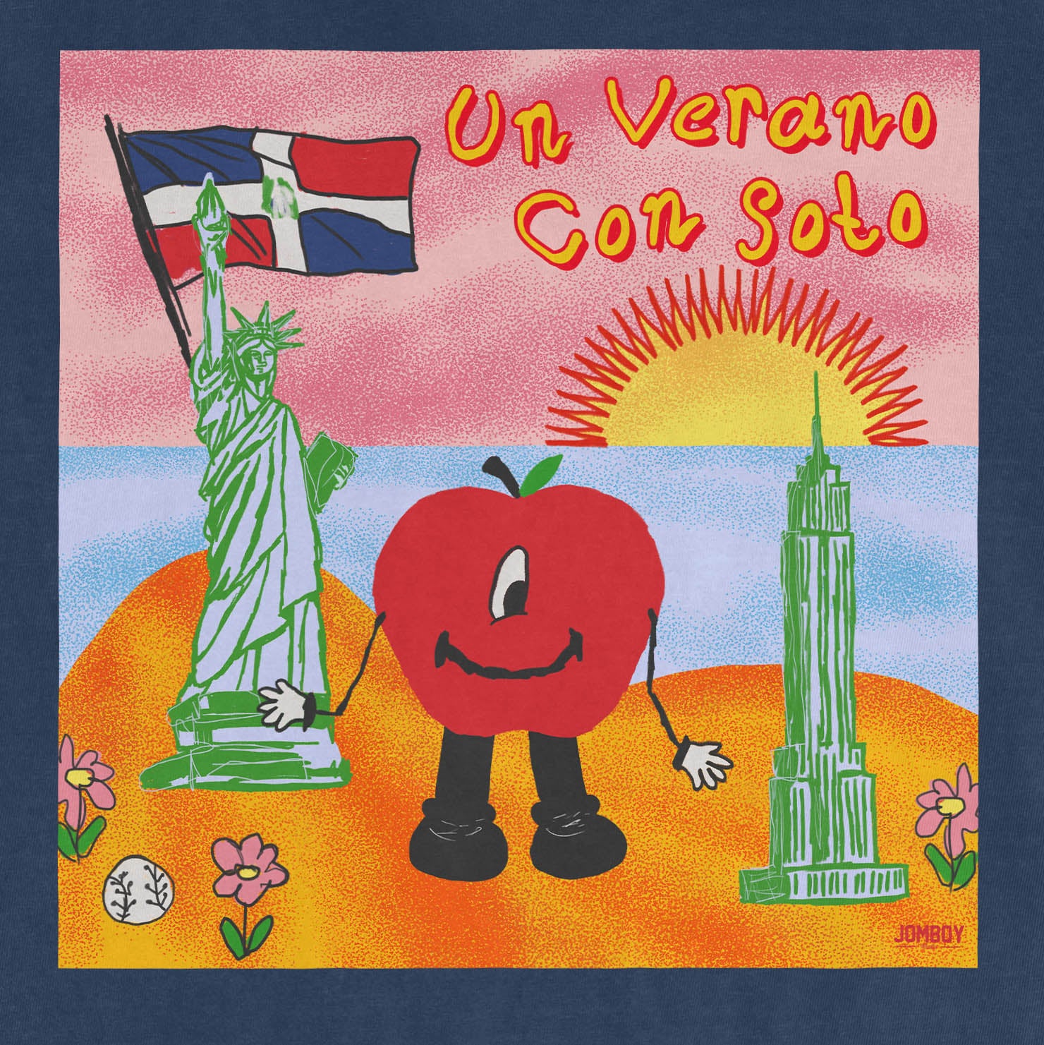 Colorful illustration of a smiling apple character with arms and legs, standing between the Statue of Liberty and a skyscraper, with a sunset background.