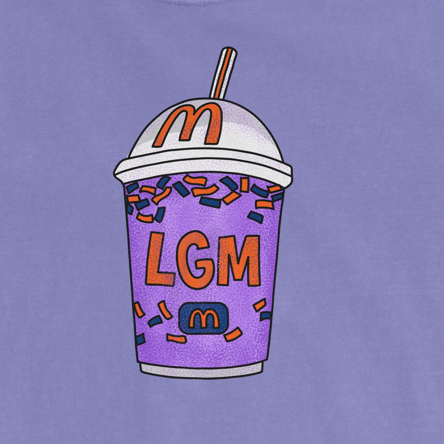 A purple drink cup with a white lid, straw, colorful sprinkles, and "LGM" text, featuring the McDonald's logo on a purple background.