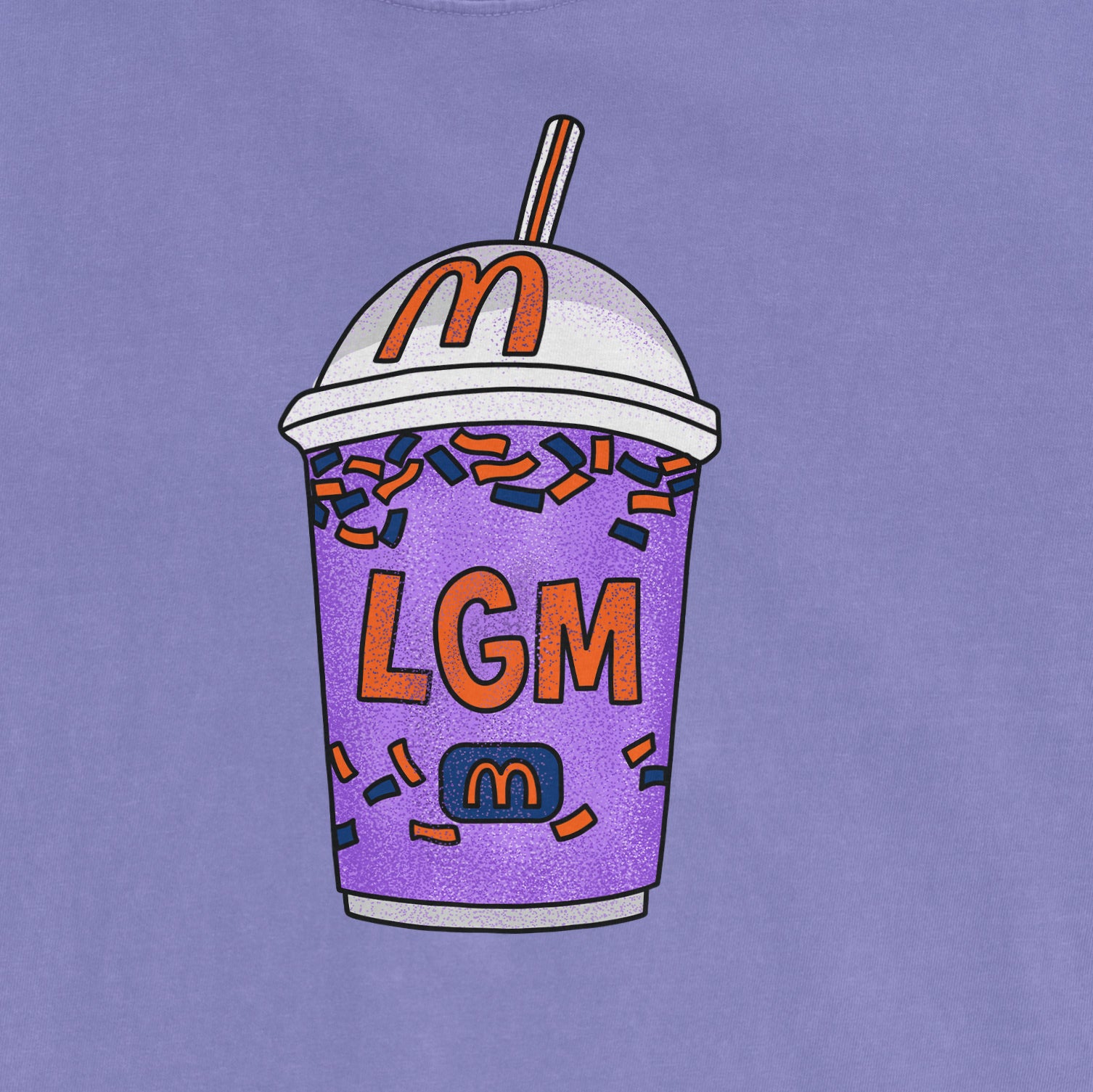 A purple drink cup with a white lid, straw, colorful sprinkles, and "LGM" text, featuring the McDonald's logo on a purple background.