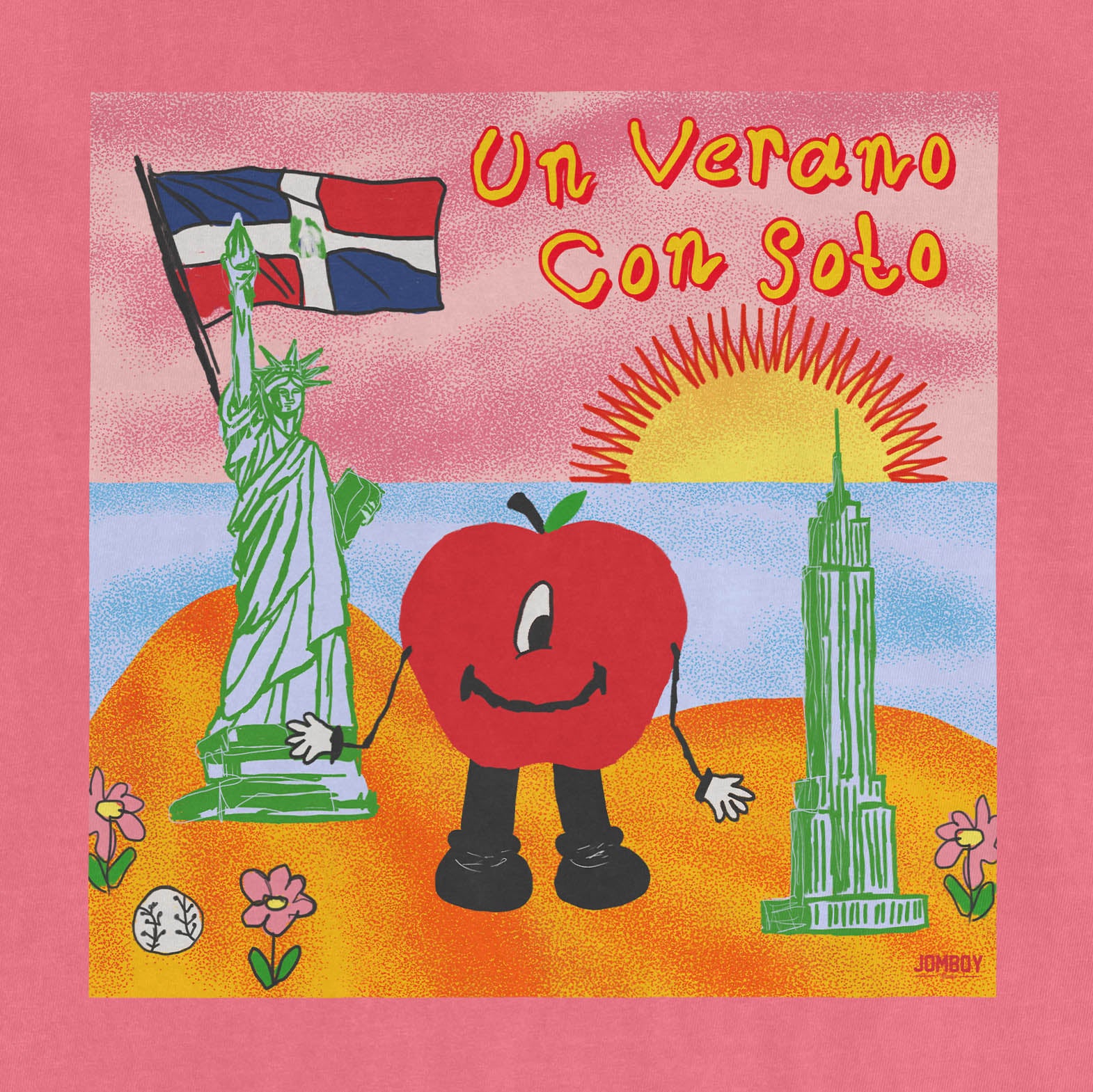 Colorful illustration of a smiling apple character with arms and legs, surrounded by iconic landmarks and a sunset, with "Un Verano Con Soto" text.