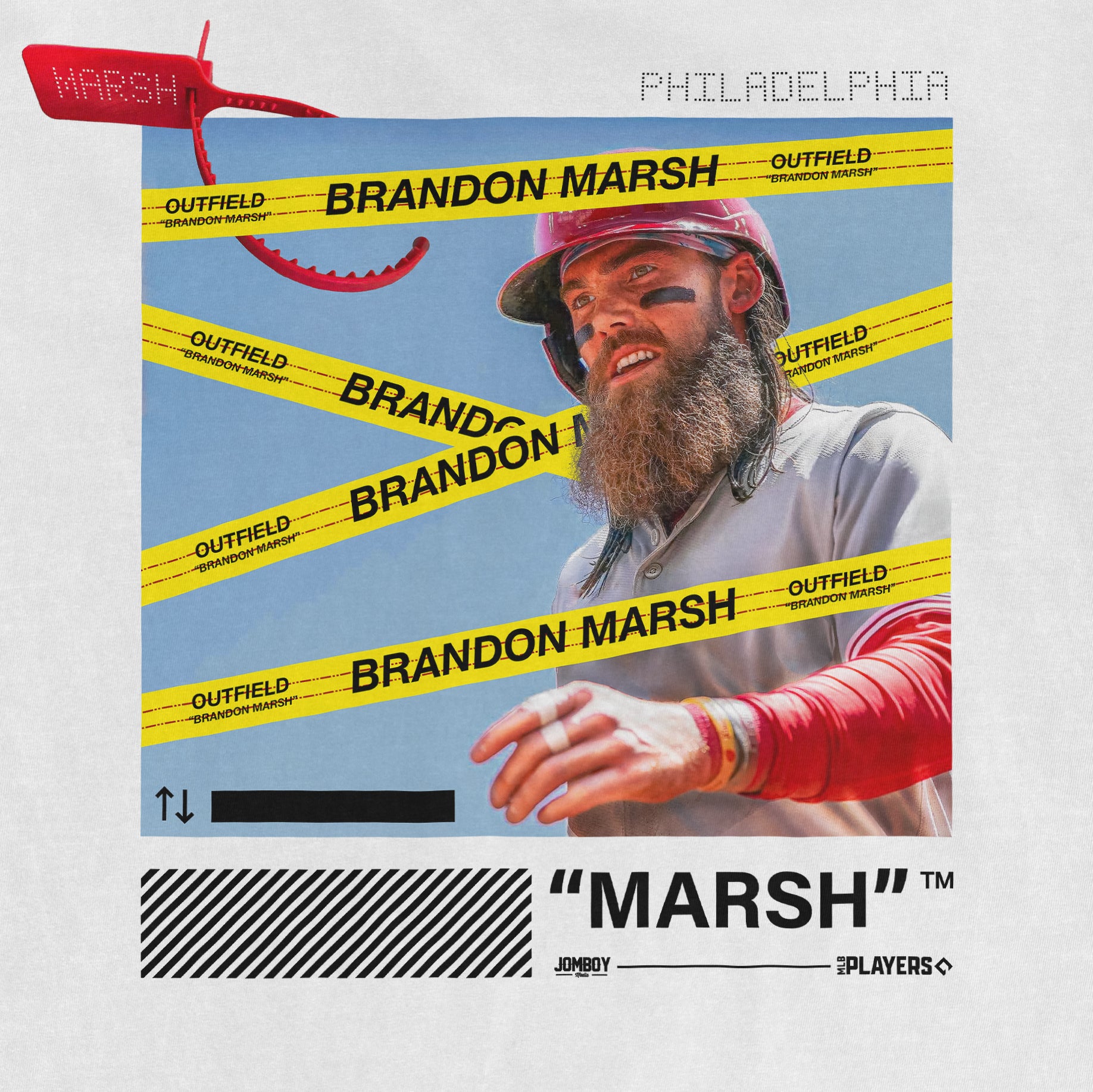 Off-white Comfort Colors tee featuring a graphic of a man with a beard and helmet, surrounded by yellow "Brandon Marsh" tape.