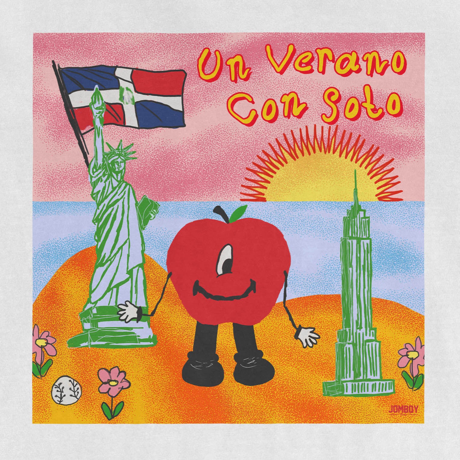 Colorful illustration of a smiling apple character with arms and legs, standing in front of a sunset, the Statue of Liberty, and the Empire State Building.