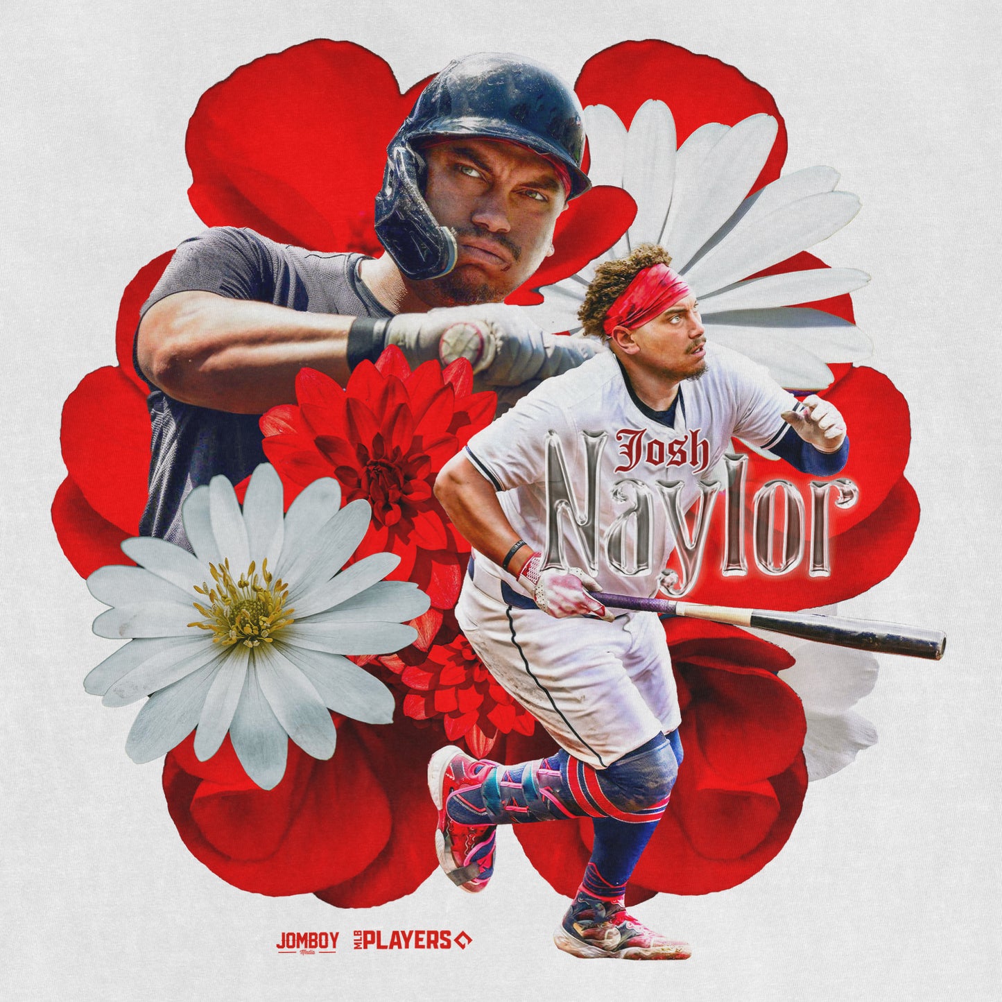 Collage of two baseball players with flowers and the text "Josh Navior," featuring a red and white floral background.