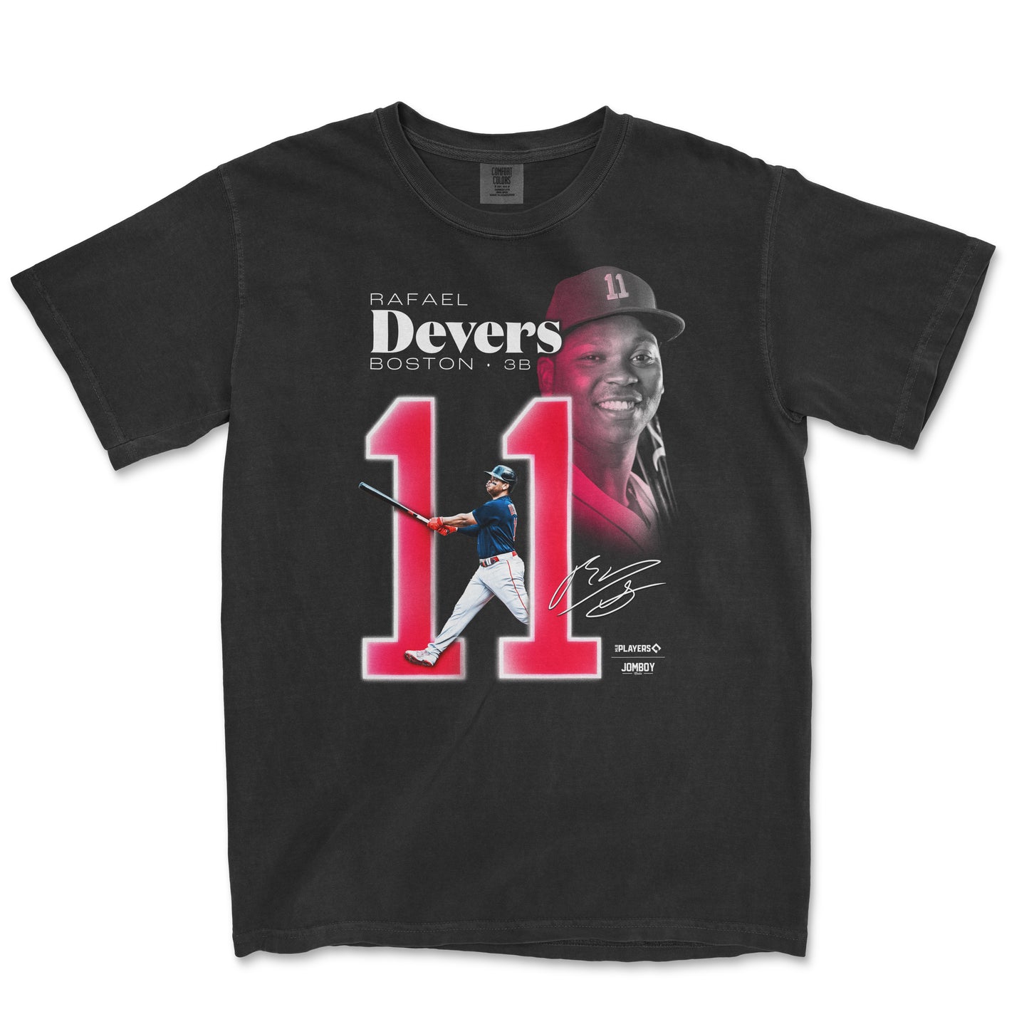 Black Rafael Devers Signature Series T-shirt featuring his portrait, signature, and a baseball action image with the number 11.