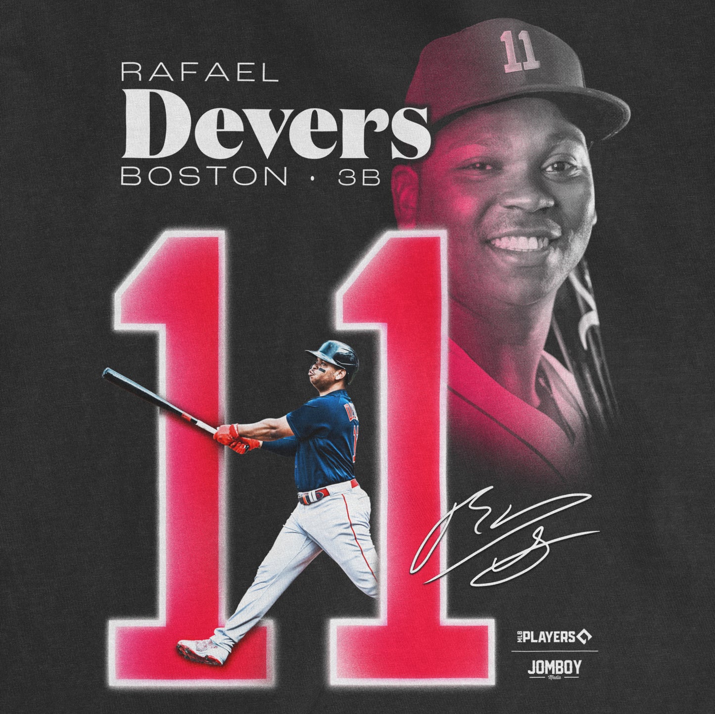 Close-up of Rafael Devers Signature Series merchandise featuring his large portrait, signature, and a baseball player in action.