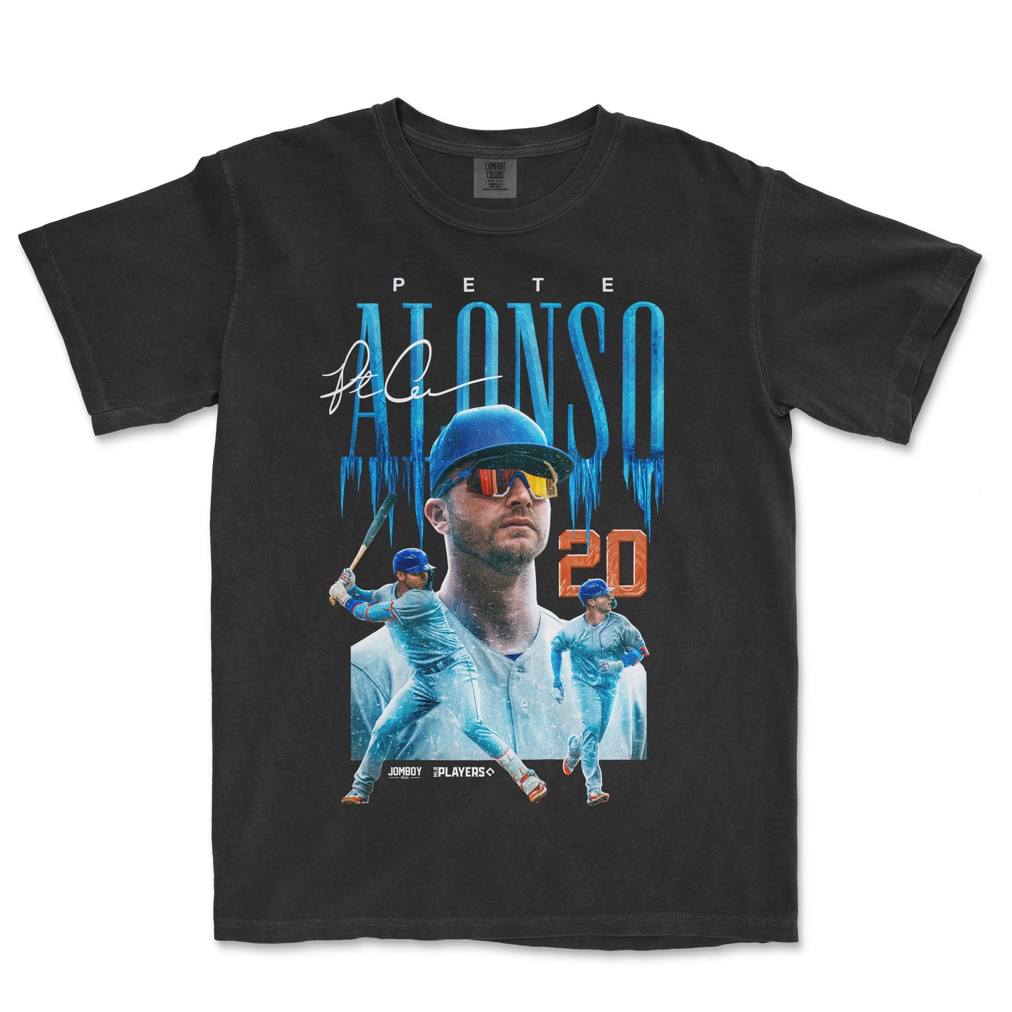 Black T-shirt featuring a graphic of baseball player Pete Alonso with icy blue and orange text, celebrating his 2020 season.
