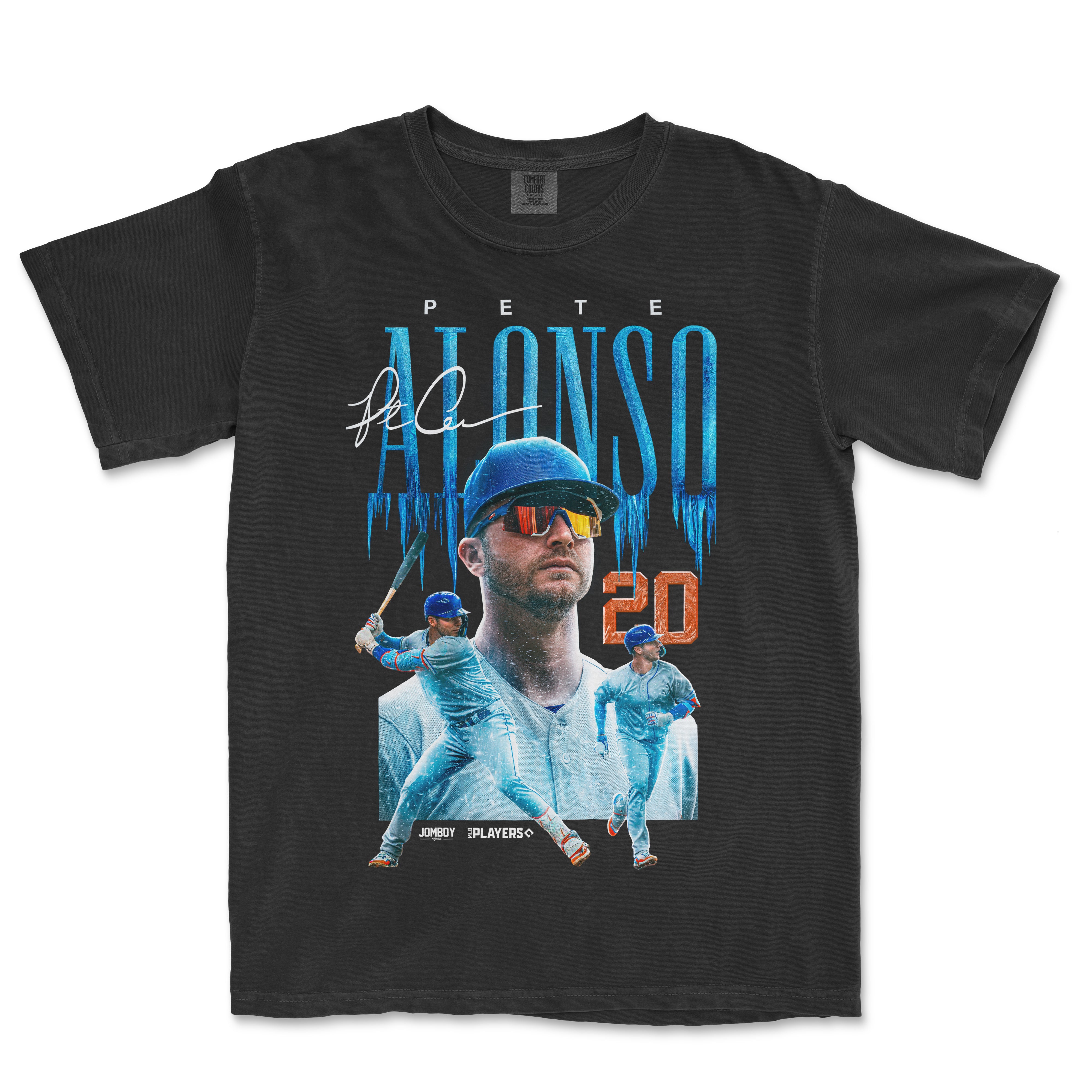 Black T-shirt featuring a graphic of baseball player Pete Alonso with icy blue and orange text, celebrating his 2020 season.
