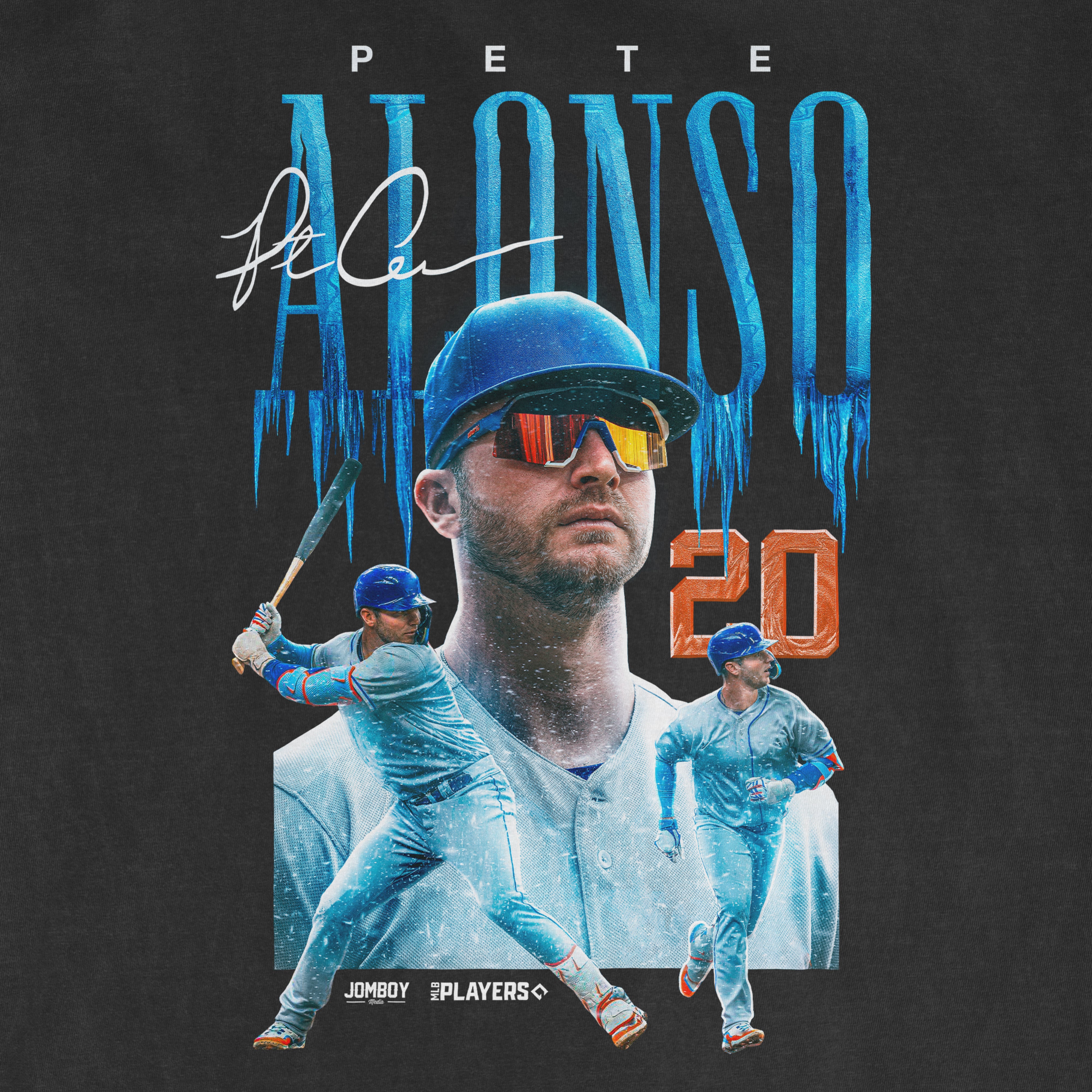 Graphic T-shirt featuring a collage of baseball players, icy blue text "Alonso 20," and a large portrait of a player wearing sunglasses and a helmet.