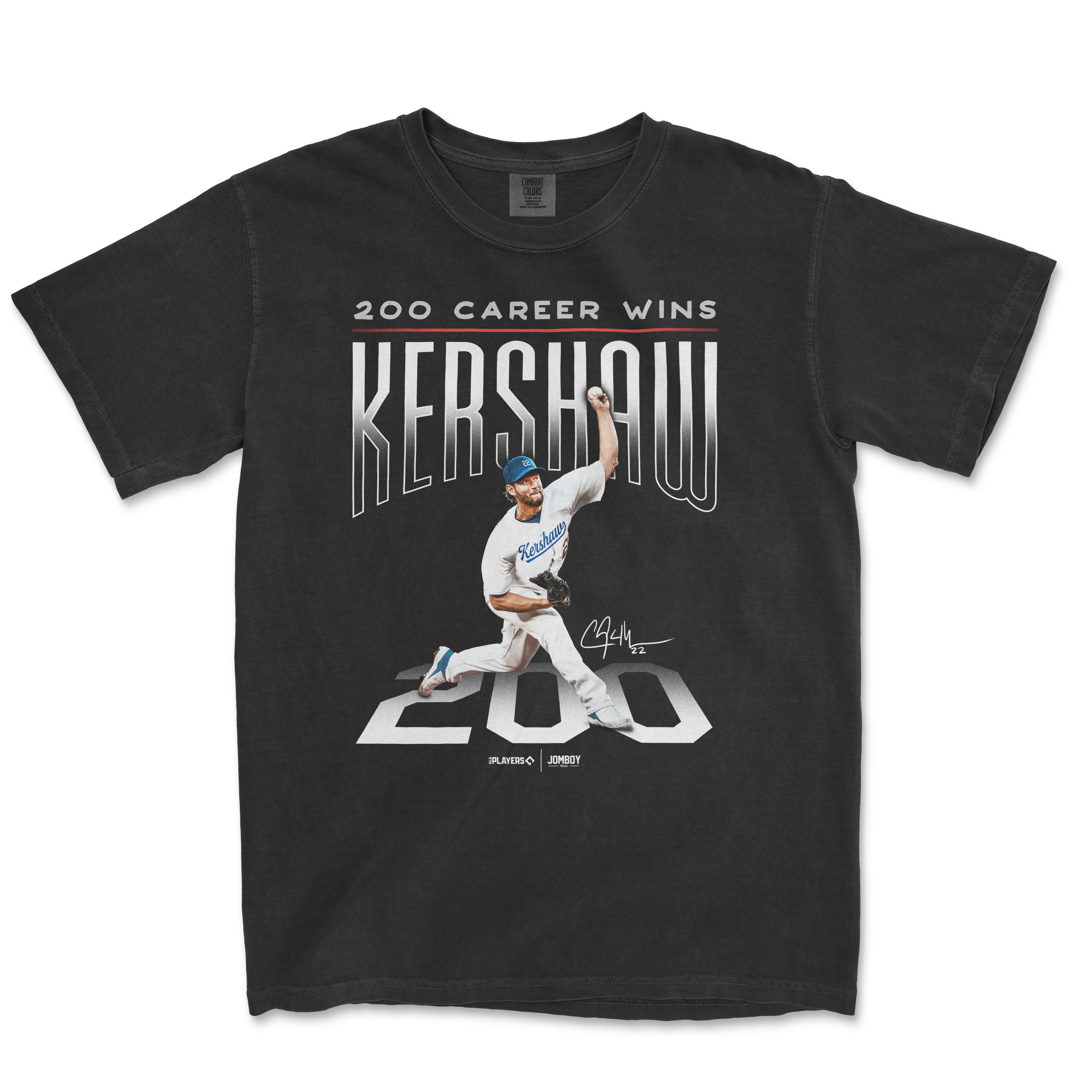 Black Comfort Colors T-shirt featuring a Kershaw 200 career wins graphic with a baseball player, signature, and celebratory text.
