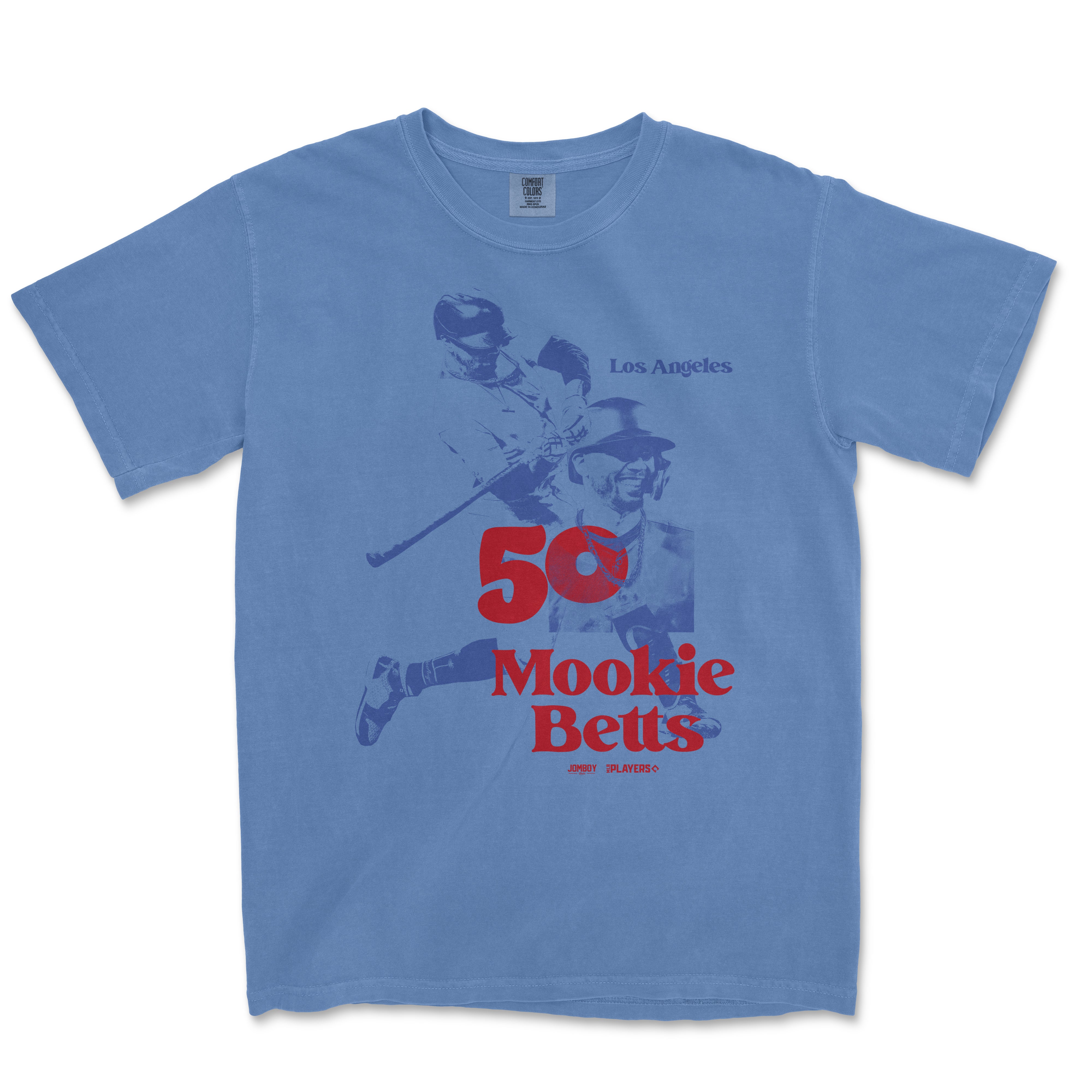 Blue T-shirt featuring a vintage-style graphic of Mookie Betts, celebrating 50 years, with "Los Angeles" and "Mookie Betts" text.