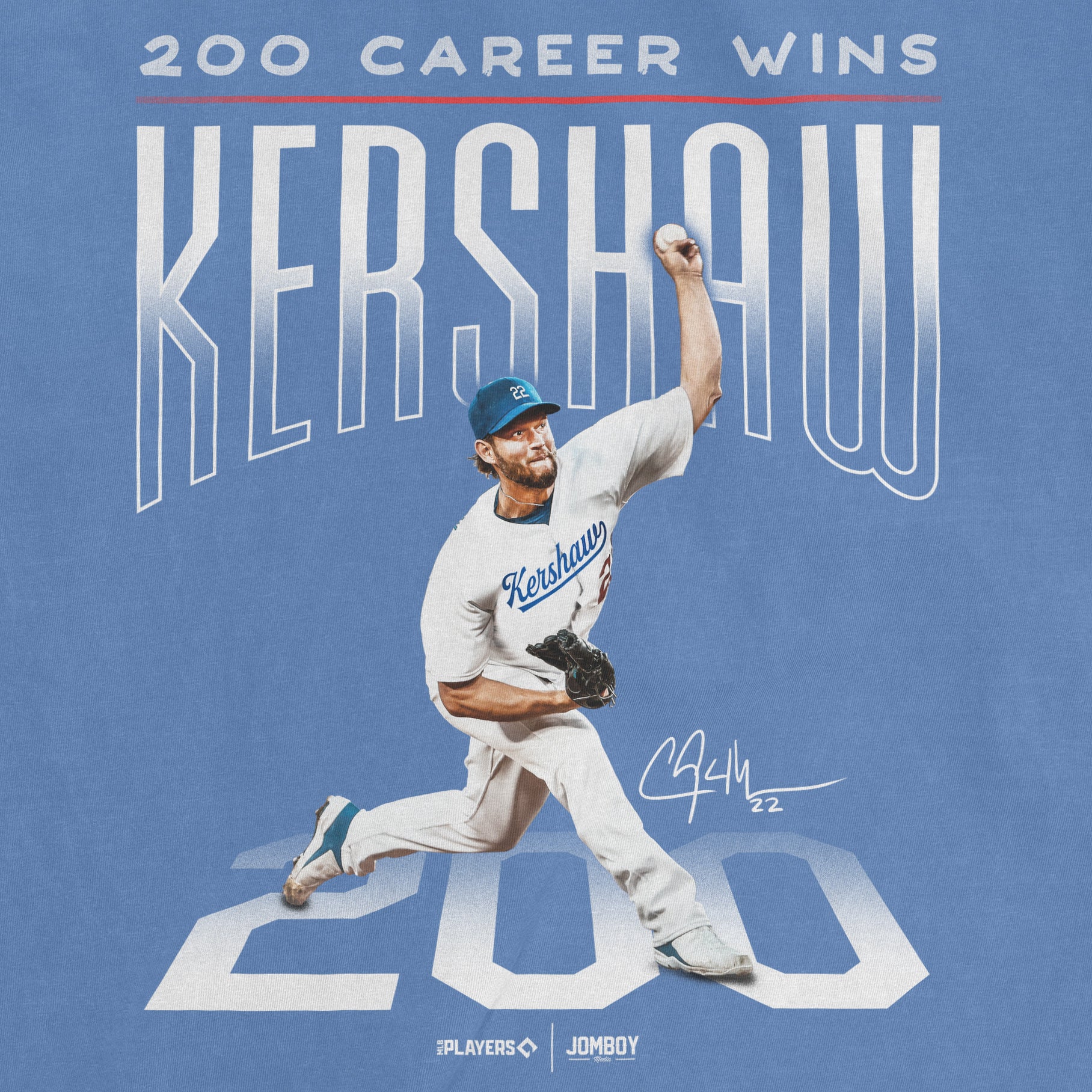 Blue Comfort Colors T-shirt featuring a graphic of a baseball player with "Kershaw" and "200 Career Wins" text and signature.