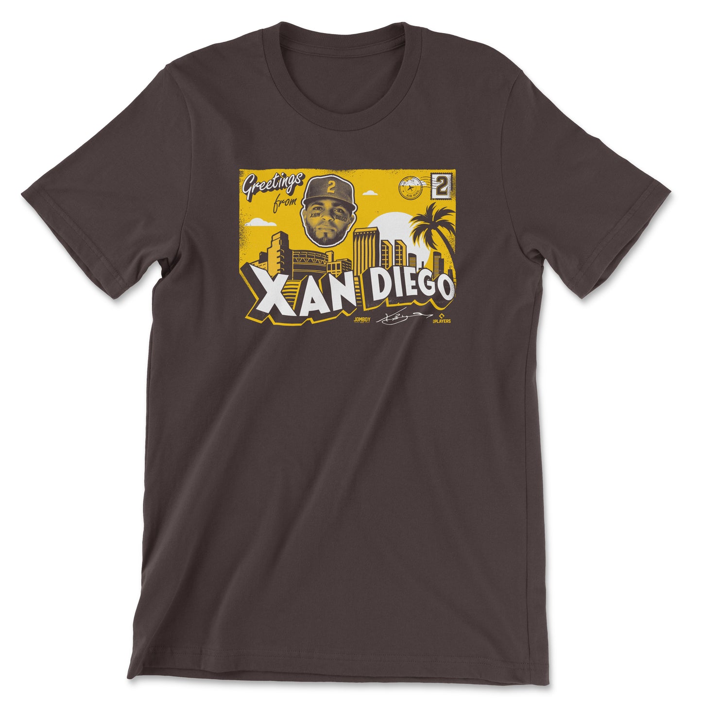 Black T-shirt featuring a graphic design of Xander Bogaerts with "Greetings from San Diego" and cityscape elements.