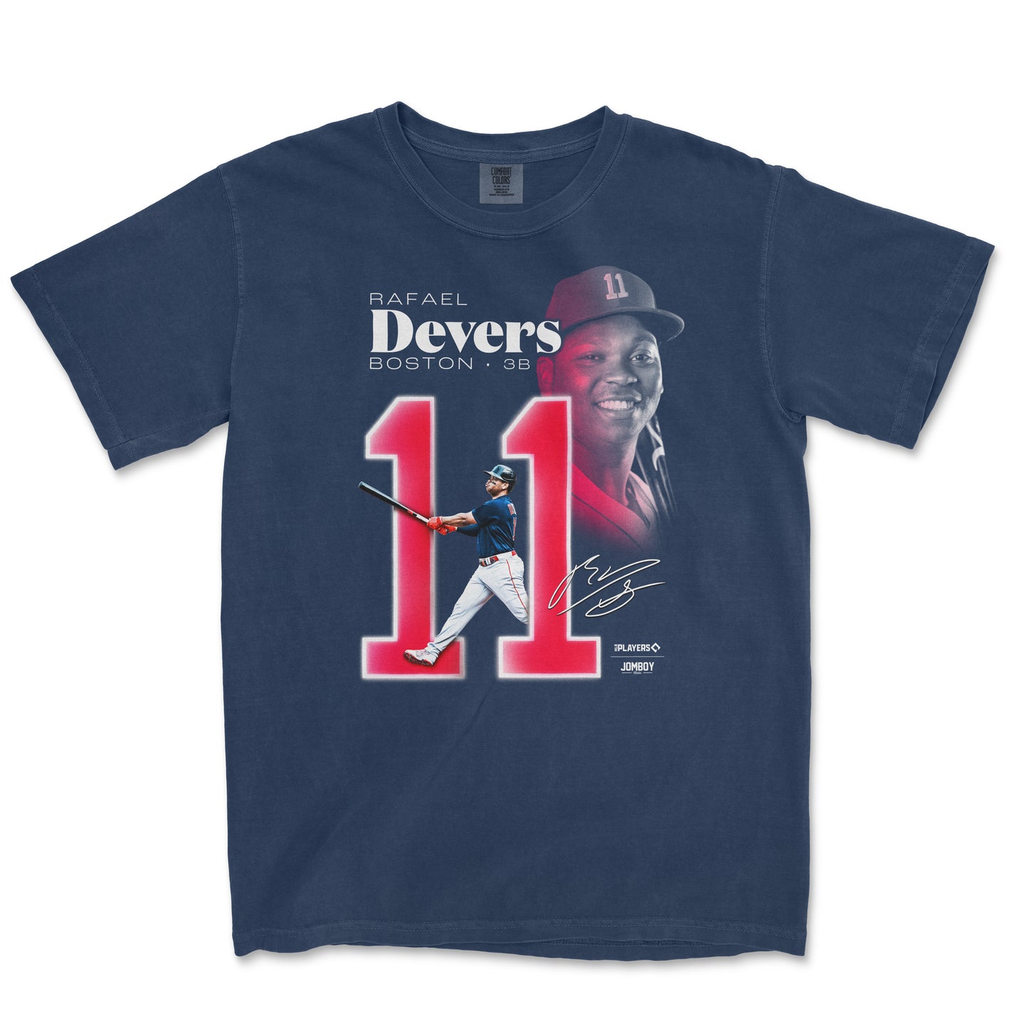 T-shirt featuring Rafael Devers' signature, number 11, and images of him batting and smiling, celebrating his baseball career.